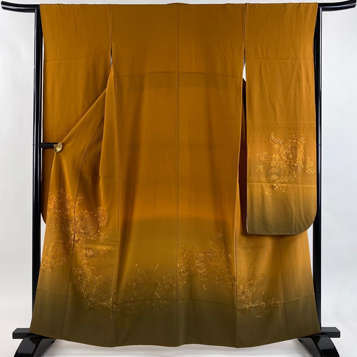振袖 身丈160.5 cm 裄丈63.5 S 袷 草花 鳥 刺繍 金糸 山吹茶色 正絹 秀品