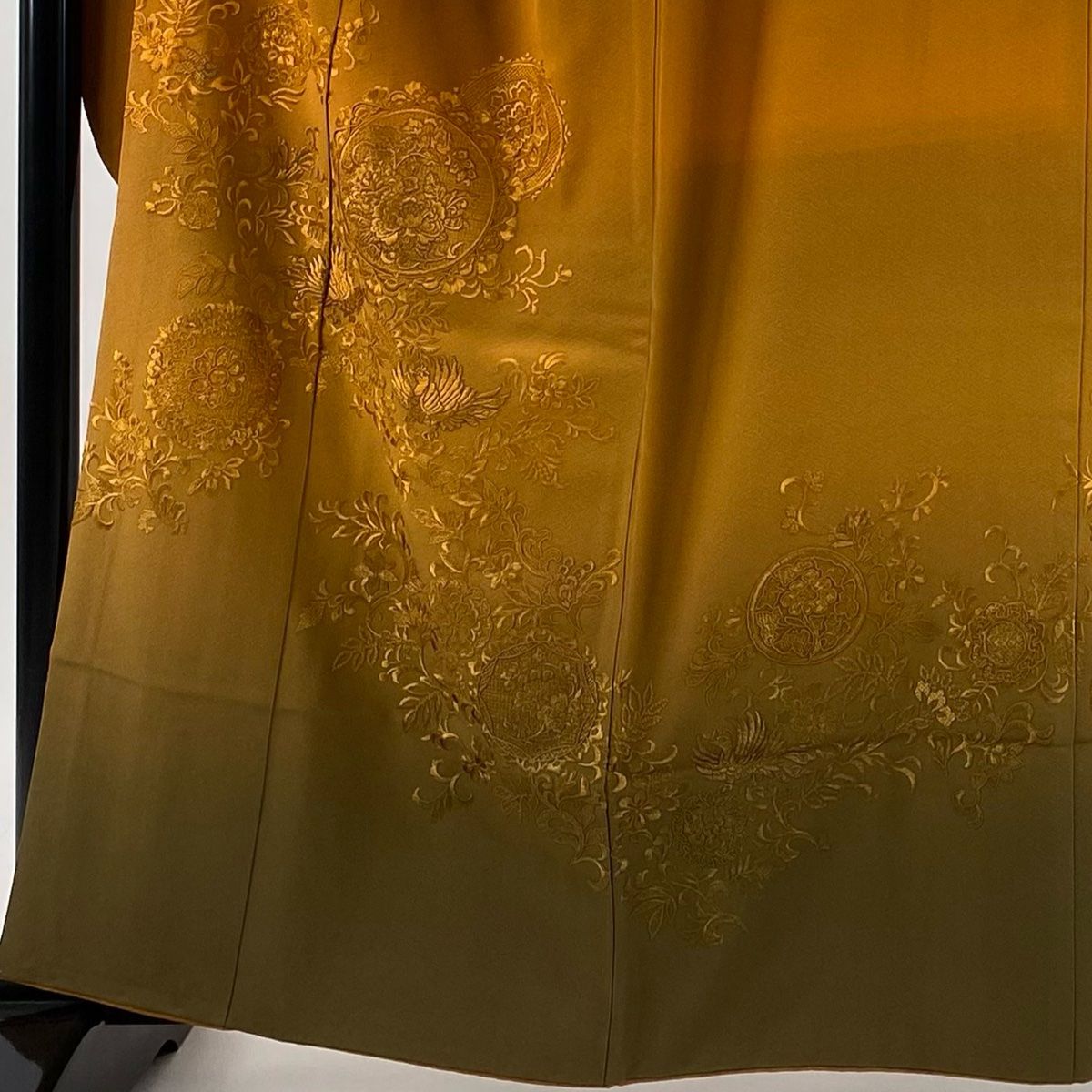 振袖 身丈160 5 cm 裄丈63 S 袷 草花 鳥 刺繍 金糸 山吹茶色 正絹 秀品