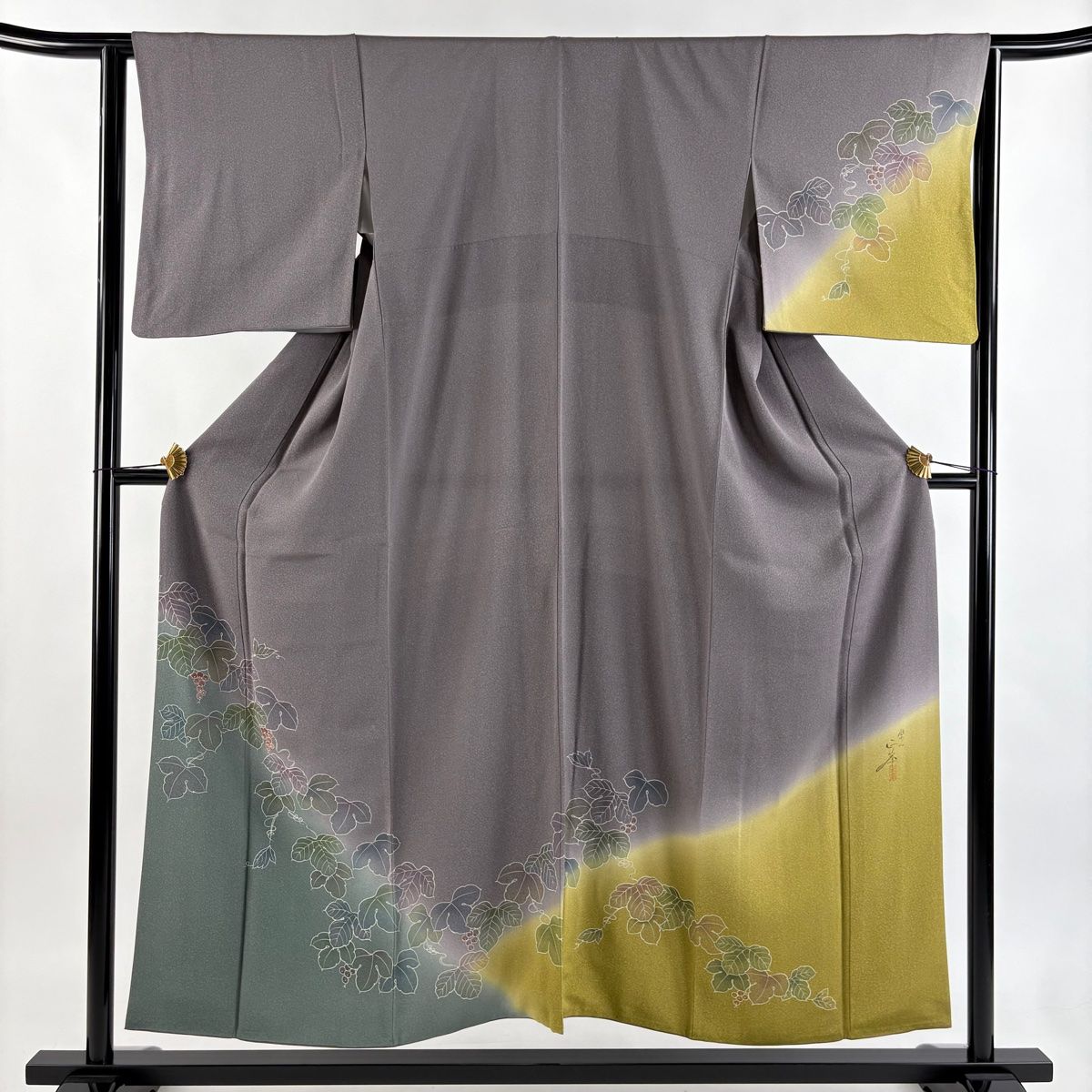 訪問着 身丈153 5 cm 裄丈63 S 袷 落款 葡萄 唐草 染め分け ぼかし 紫 正絹 秀品