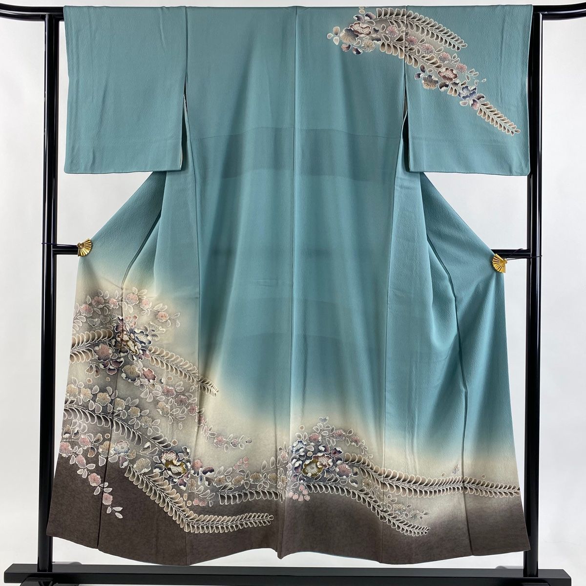 訪問着 身丈151 5 cm 裄丈62 S 袷 草花 金彩 ぼかし 灰緑 正絹 秀品