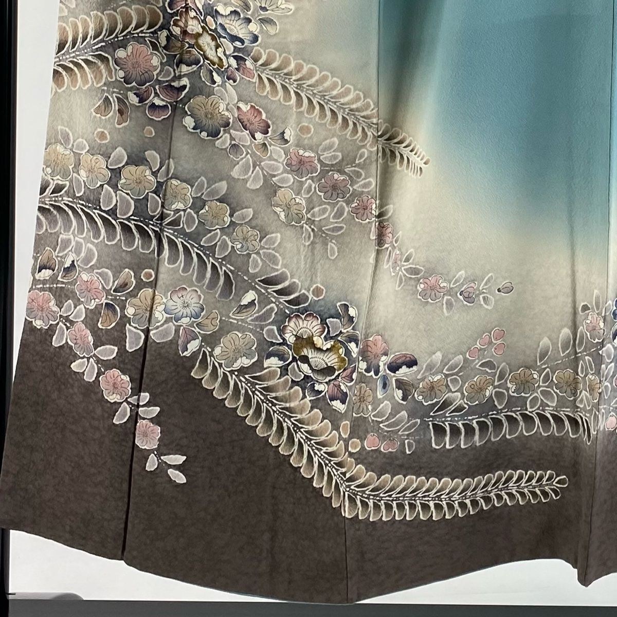 訪問着 身丈151.5 cm 裄丈62 S 袷 草花 金彩 ぼかし 灰緑 正絹 秀品