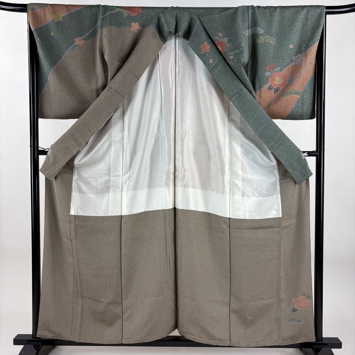  訪問着 身丈159 cm 裄丈67 M 袷 椿 笠松 金彩 染め分け 深緑 正絹 秀品 訪問着 付け下げ 着物