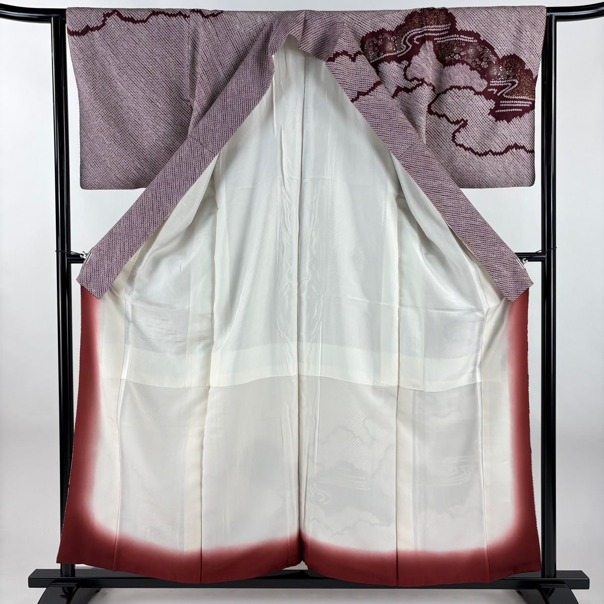  訪問着 身丈157.5 cm 裄丈63 S 袷 やまと 花 雲文 刺繍 絞り えんじ色 正絹 秀品 訪問着 付け下げ 着物