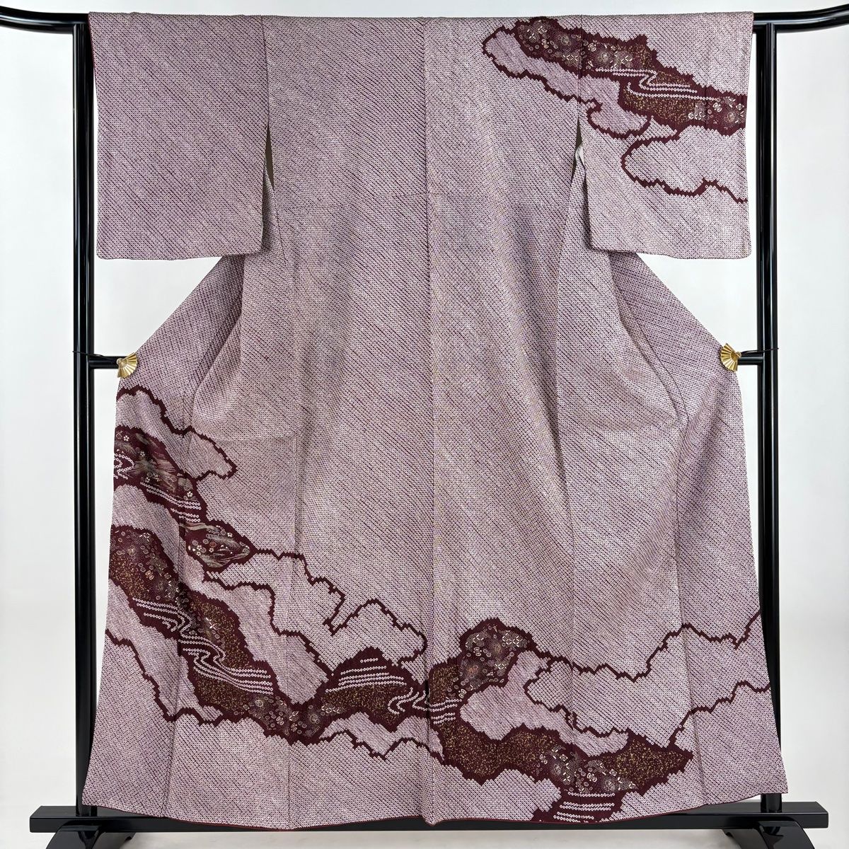 訪問着 身丈157.5 cm 裄丈63 S 袷 やまと 花 雲文 刺繍 絞り えんじ色 正絹 秀品