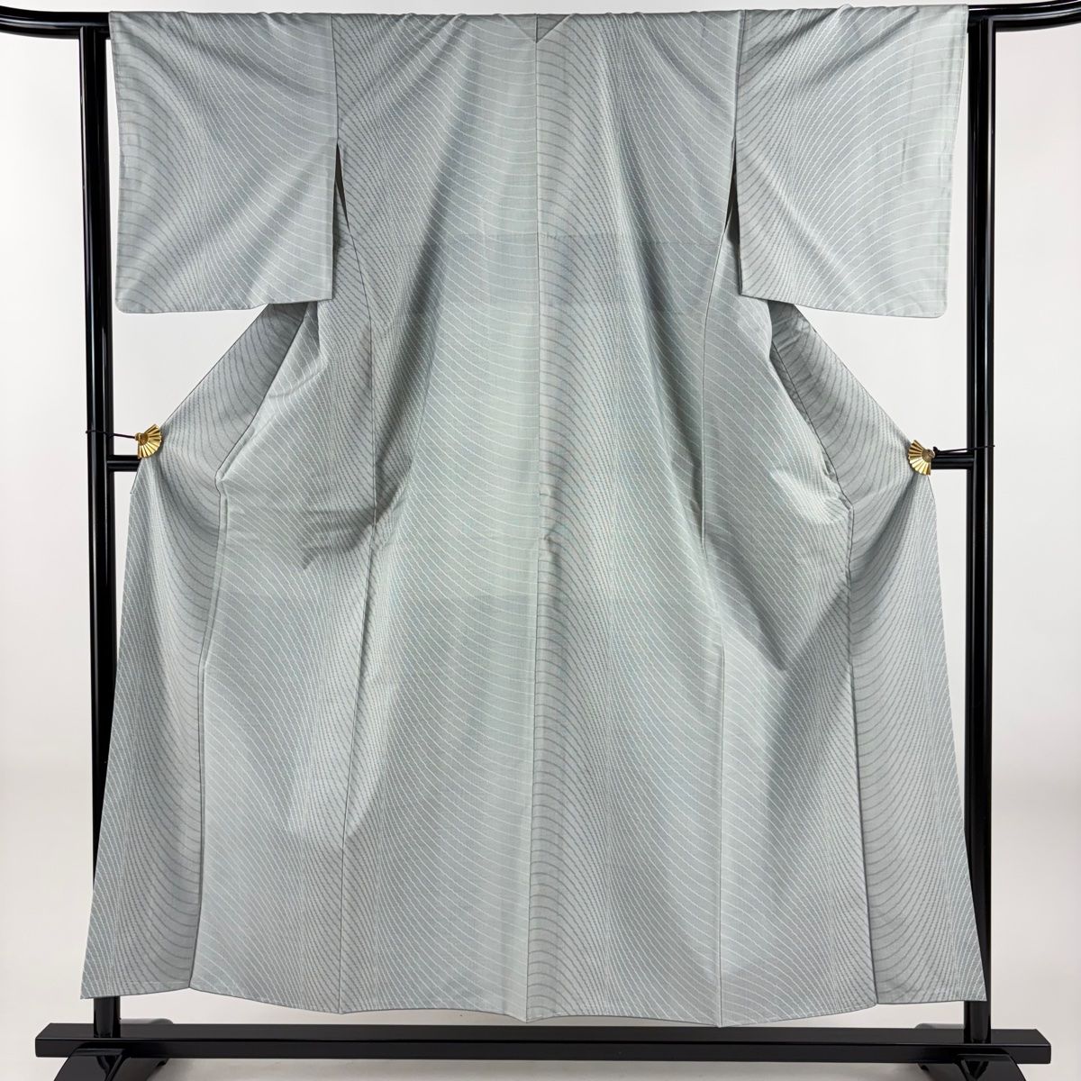 紬 身丈155 cm 裄丈63 5 S 袷 斜縞 灰緑 正絹 秀品