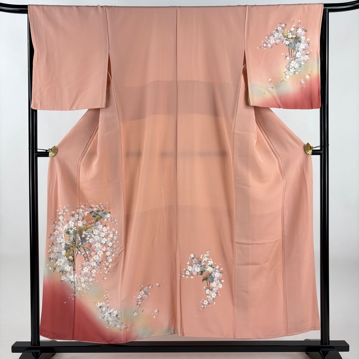 付下げ 身丈154.5 cm 裄丈66 M 袷 扇 御所車 金銀彩 ぼかし ピンク 正絹 秀品