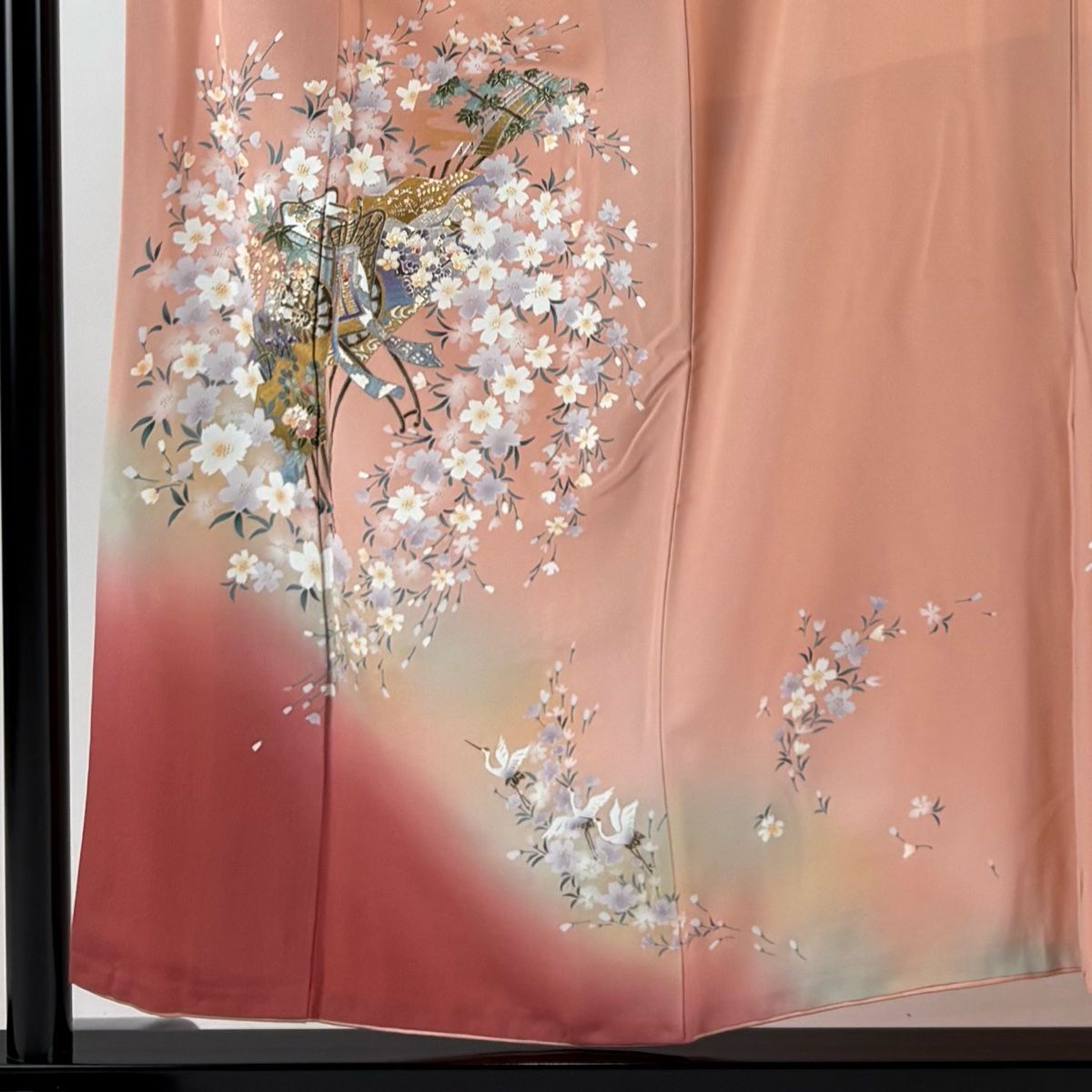 付下げ 身丈154 5 cm 裄丈66 M 袷 扇 御所車 金銀彩 ぼかし ピンク 正絹 秀品