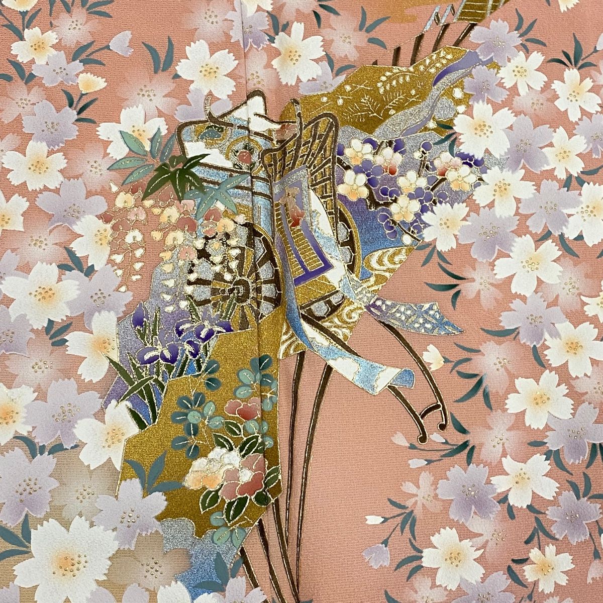  付下げ 身丈154.5 cm 裄丈66 M 袷 扇 御所車 金銀彩 ぼかし ピンク 正絹 秀品 訪問着 付け下げ 着物