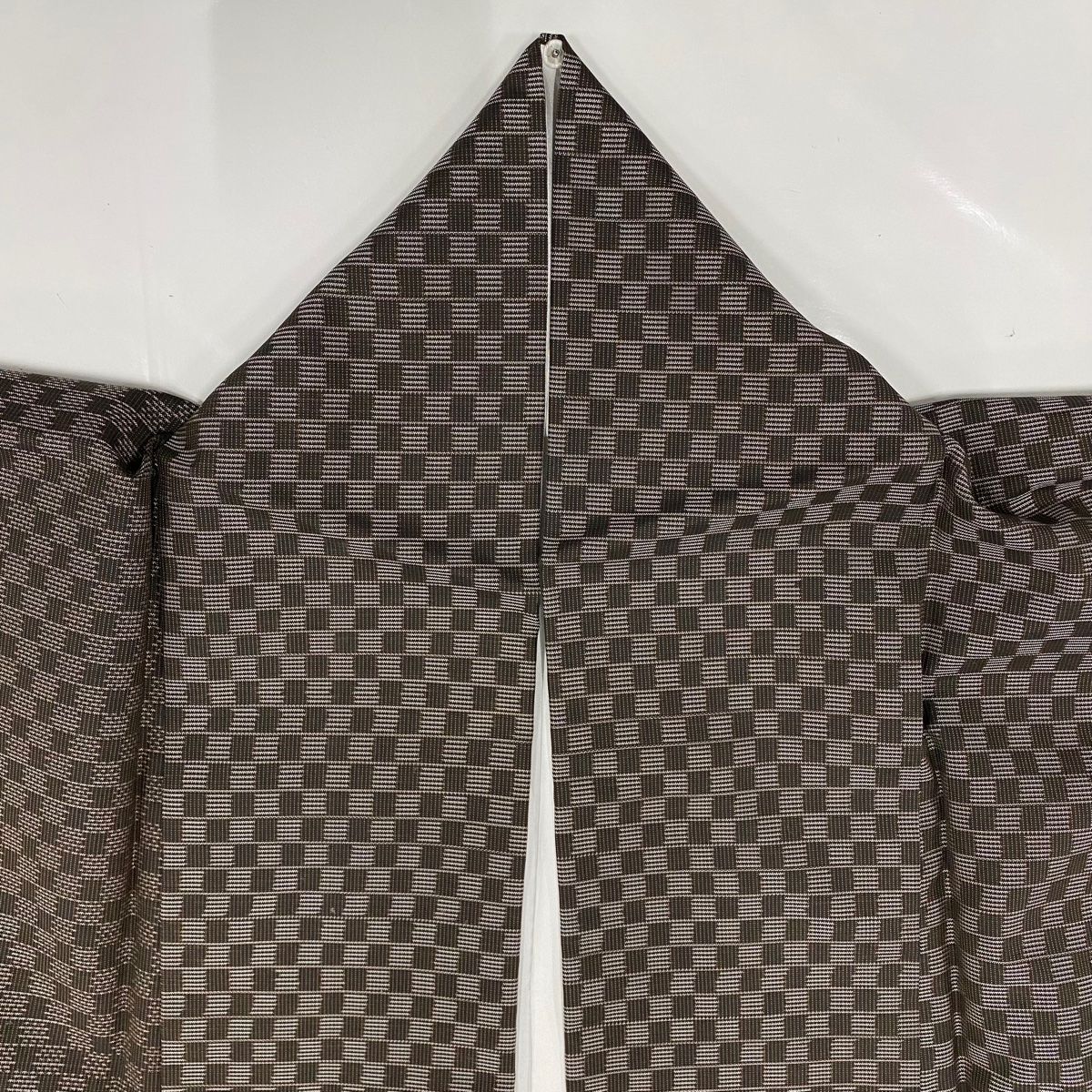  紬 身丈159 cm 裄丈66 M 袷 変わり市松 焦茶色 正絹 秀品 紬 着物