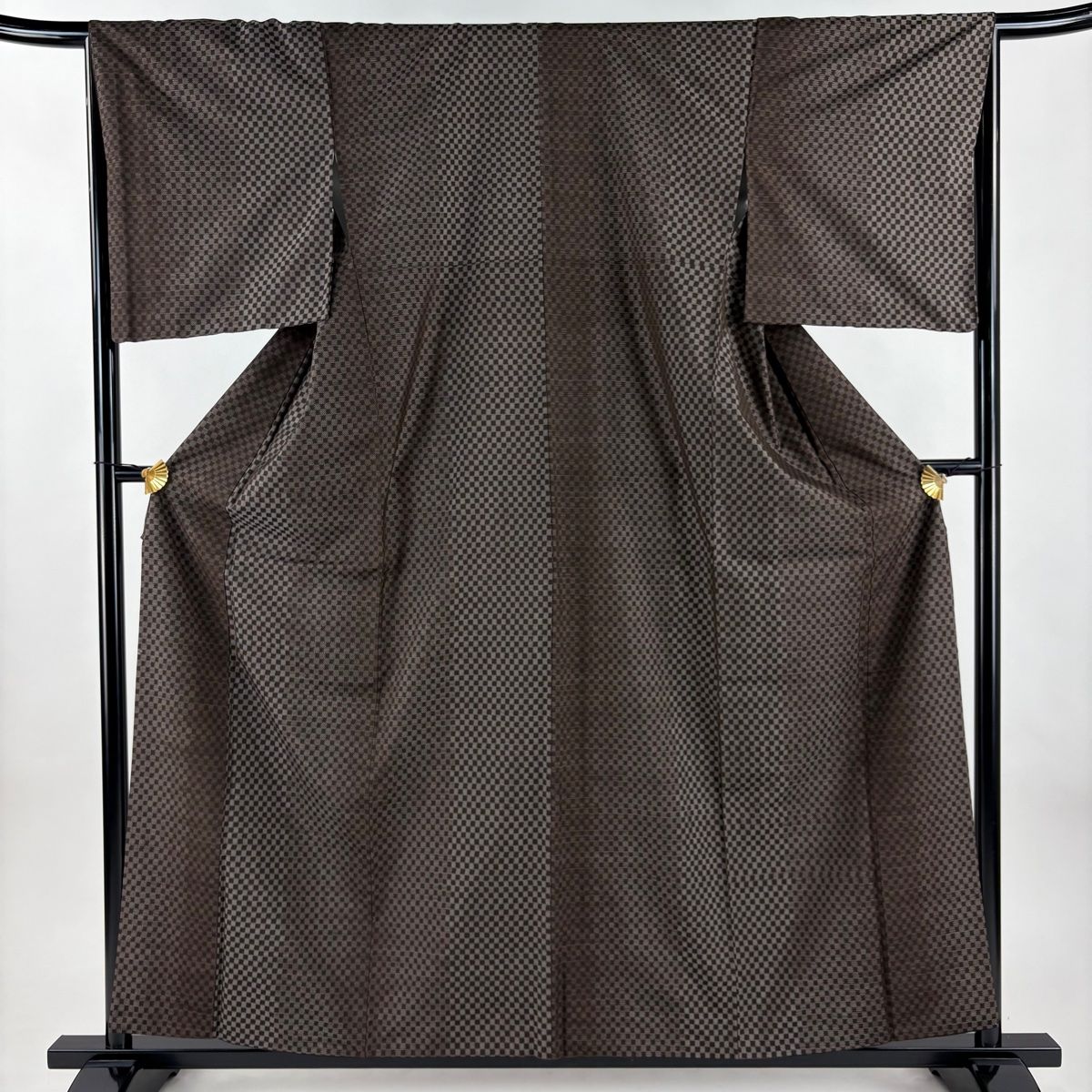 紬 身丈159 cm 裄丈66 M 袷 変わり市松 焦茶色 正絹 秀品