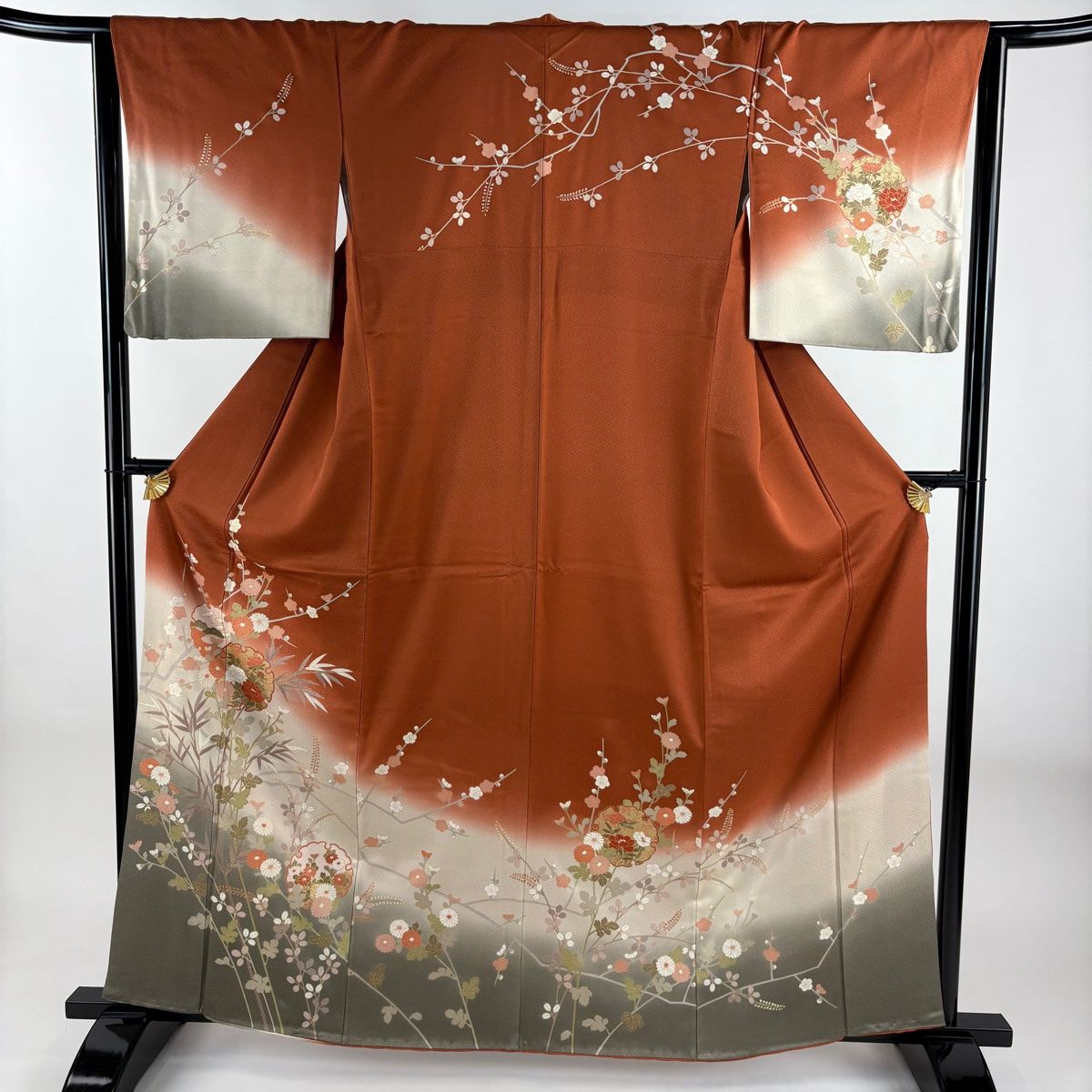 訪問着 身丈161.5 cm 裄丈64 M 袷 雪輪 花鳥 金彩 染め分け 茜色 正絹 秀品