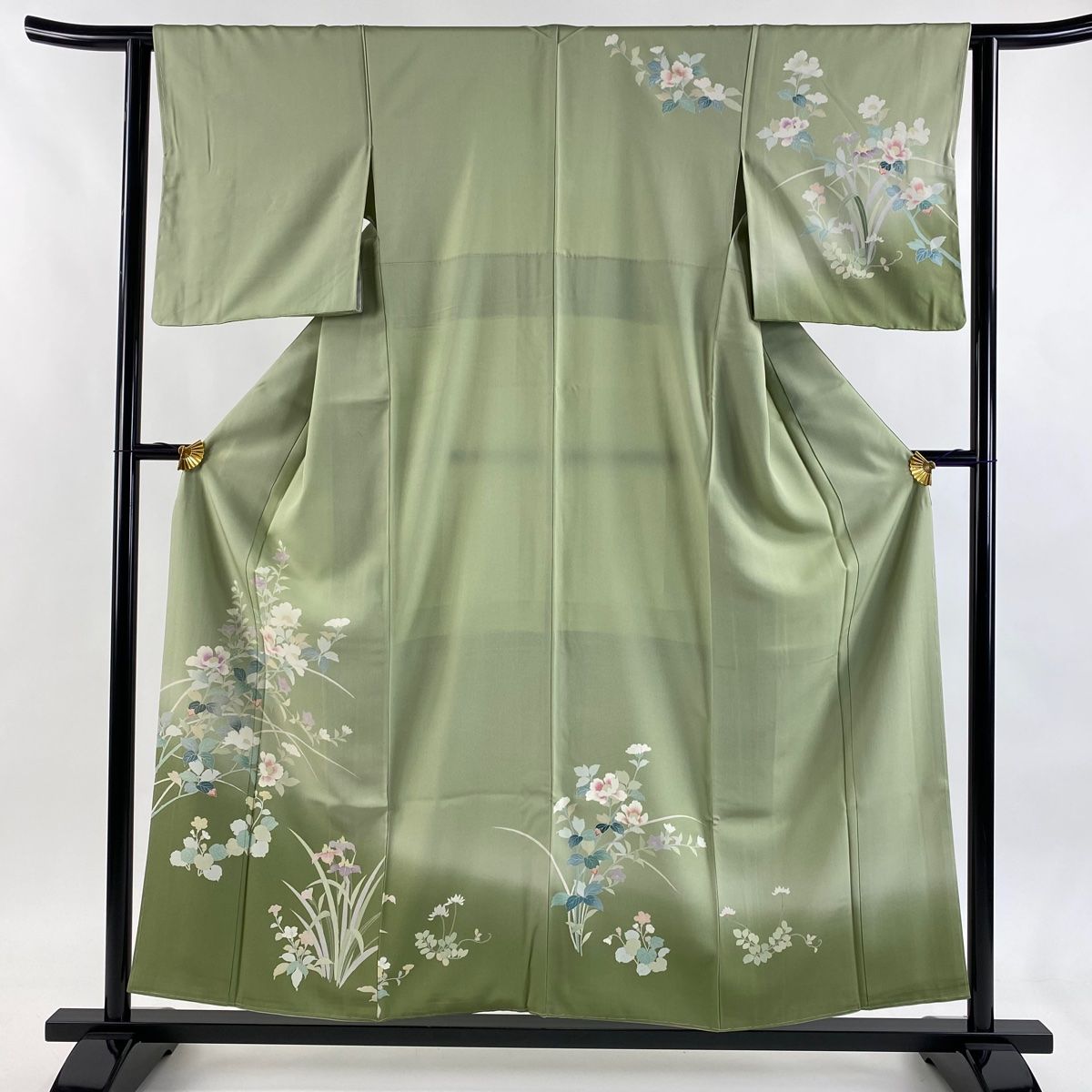 訪問着 身丈156 cm 裄丈62 S 袷 草花 ぼかし 灰緑 正絹 秀品