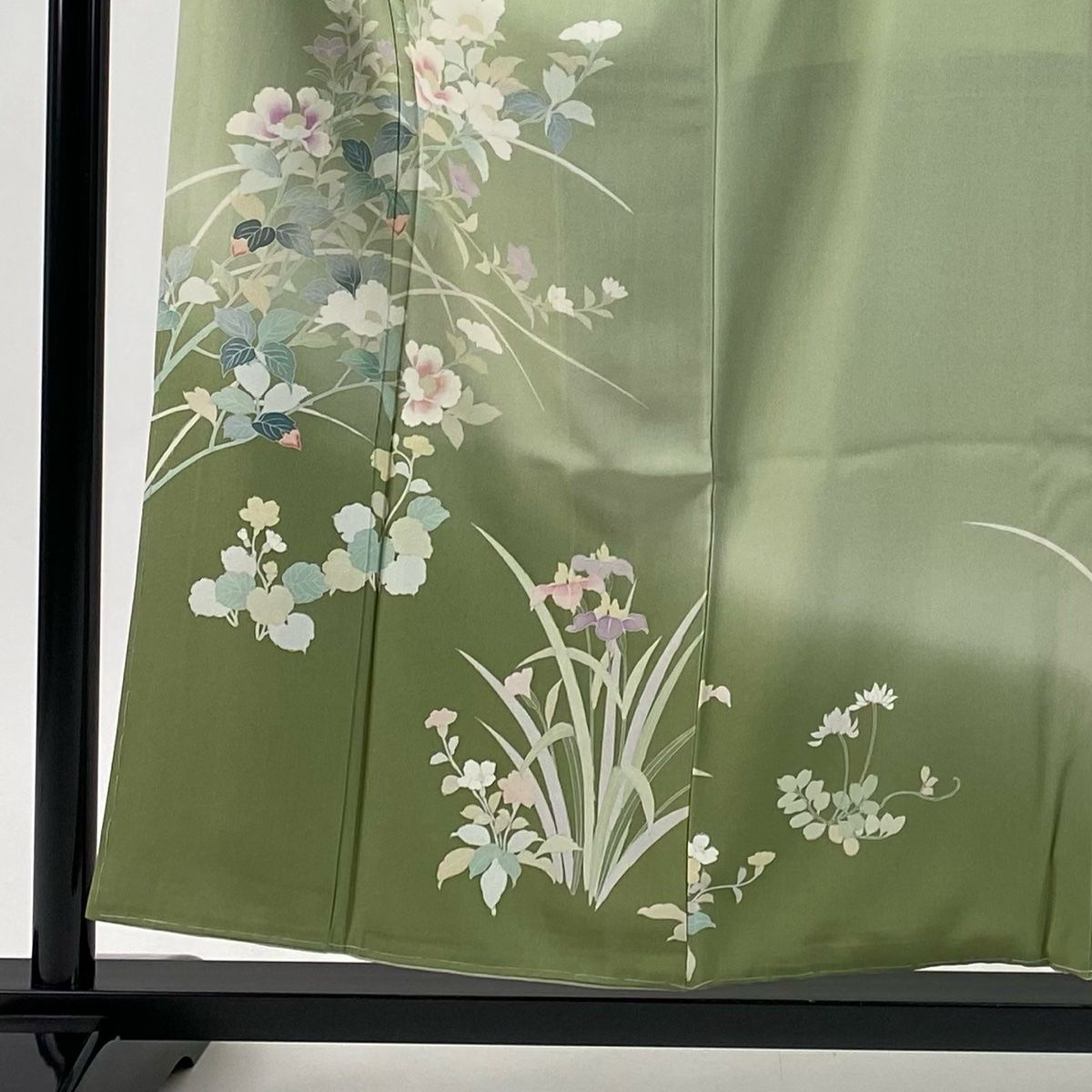 訪問着 身丈156 cm 裄丈62 S 袷 草花 ぼかし 灰緑 正絹 秀品