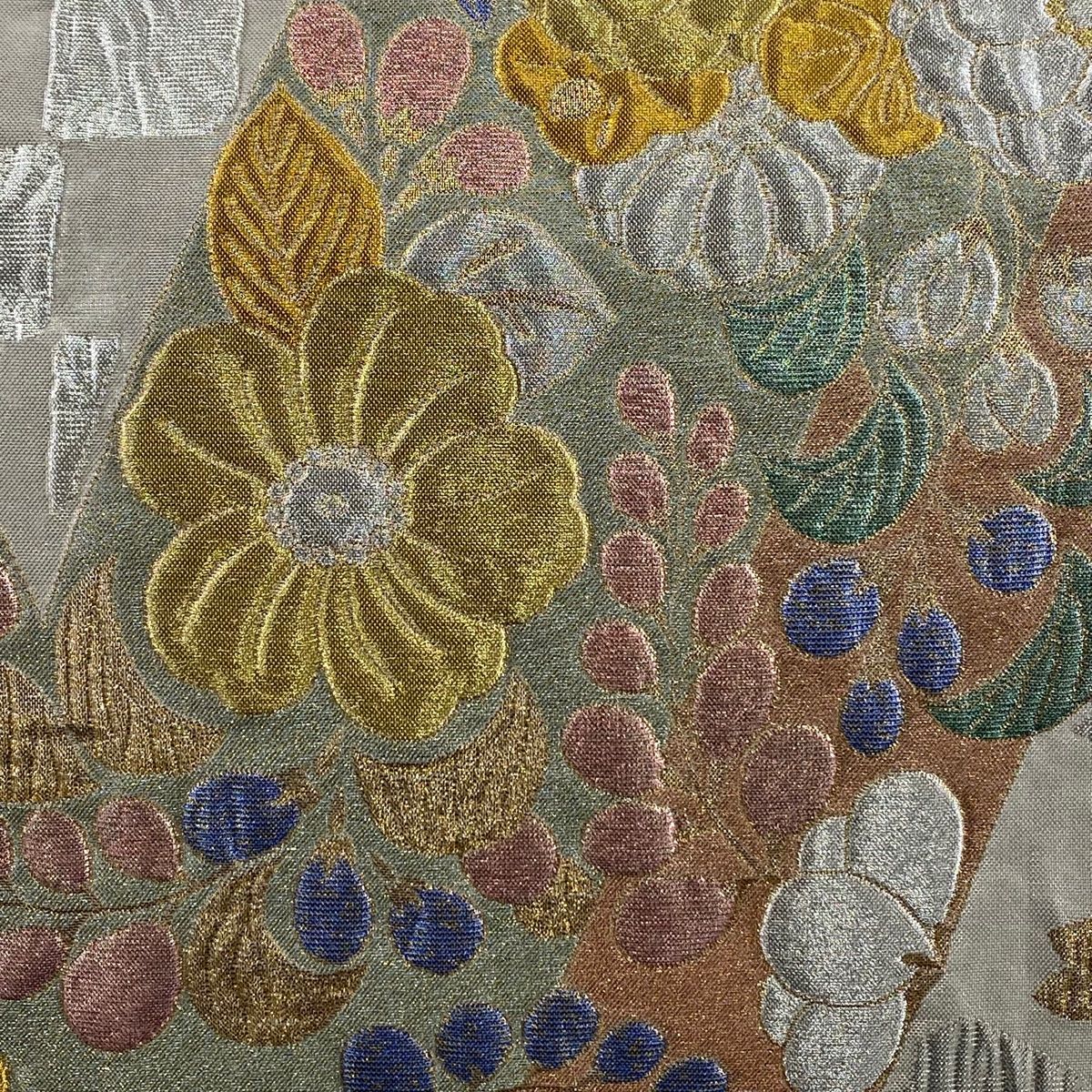 袋帯 秀品 辻ヶ花柄 金銀糸 箔 銀色 六通 正絹