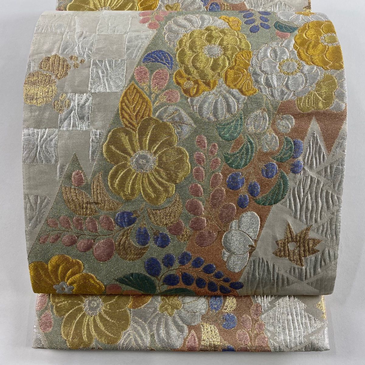 袋帯 秀品 辻ヶ花柄 金銀糸 箔 銀色 六通 正絹