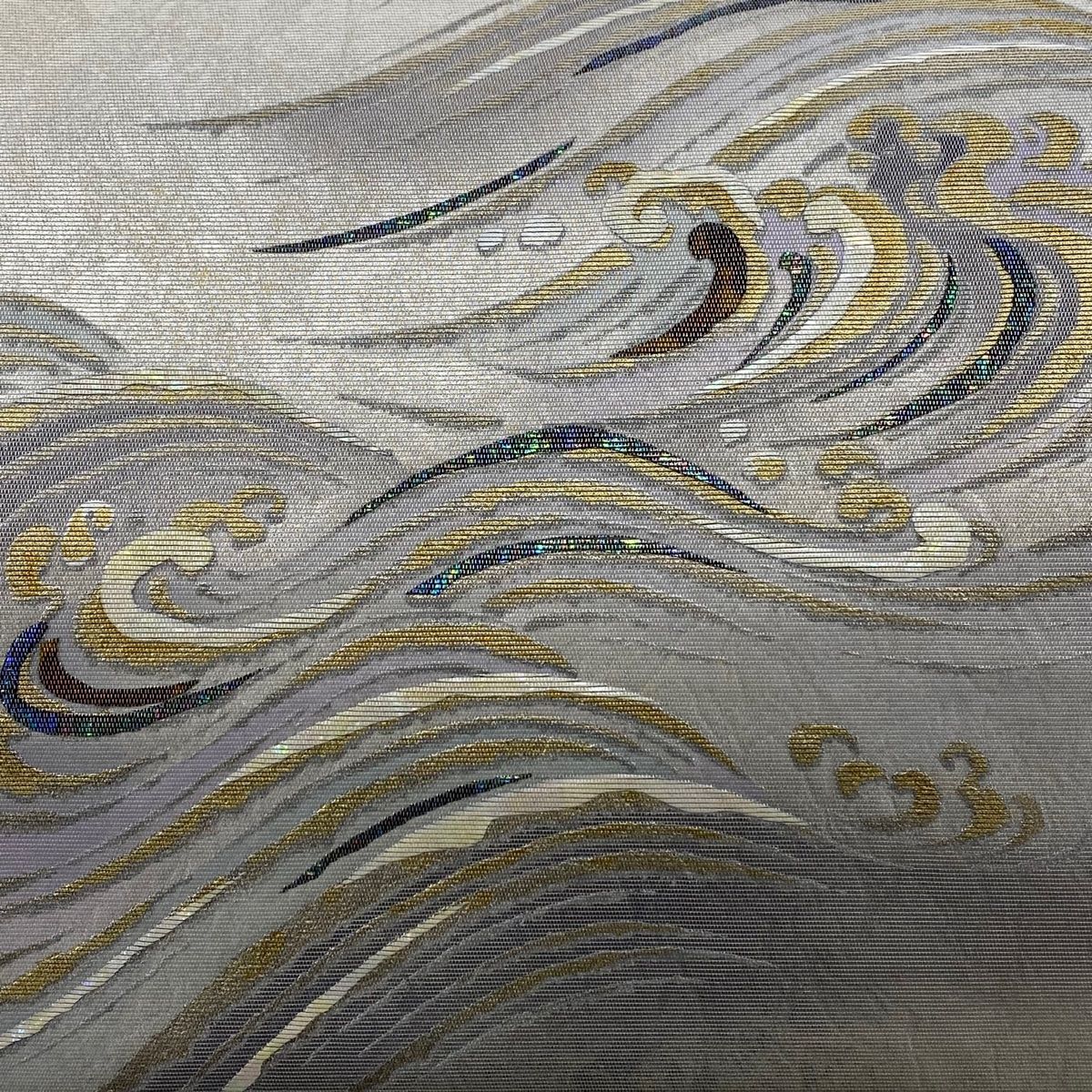 袋帯 秀品 波頭 螺鈿箔 金銀彩 銀色 お太鼓柄 正絹