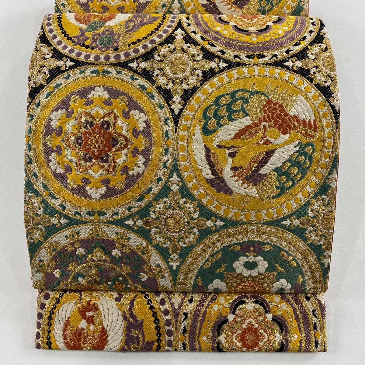 袋帯 秀品 絲遊錦 連珠文 華文 金糸 箔 金色 六通 正絹