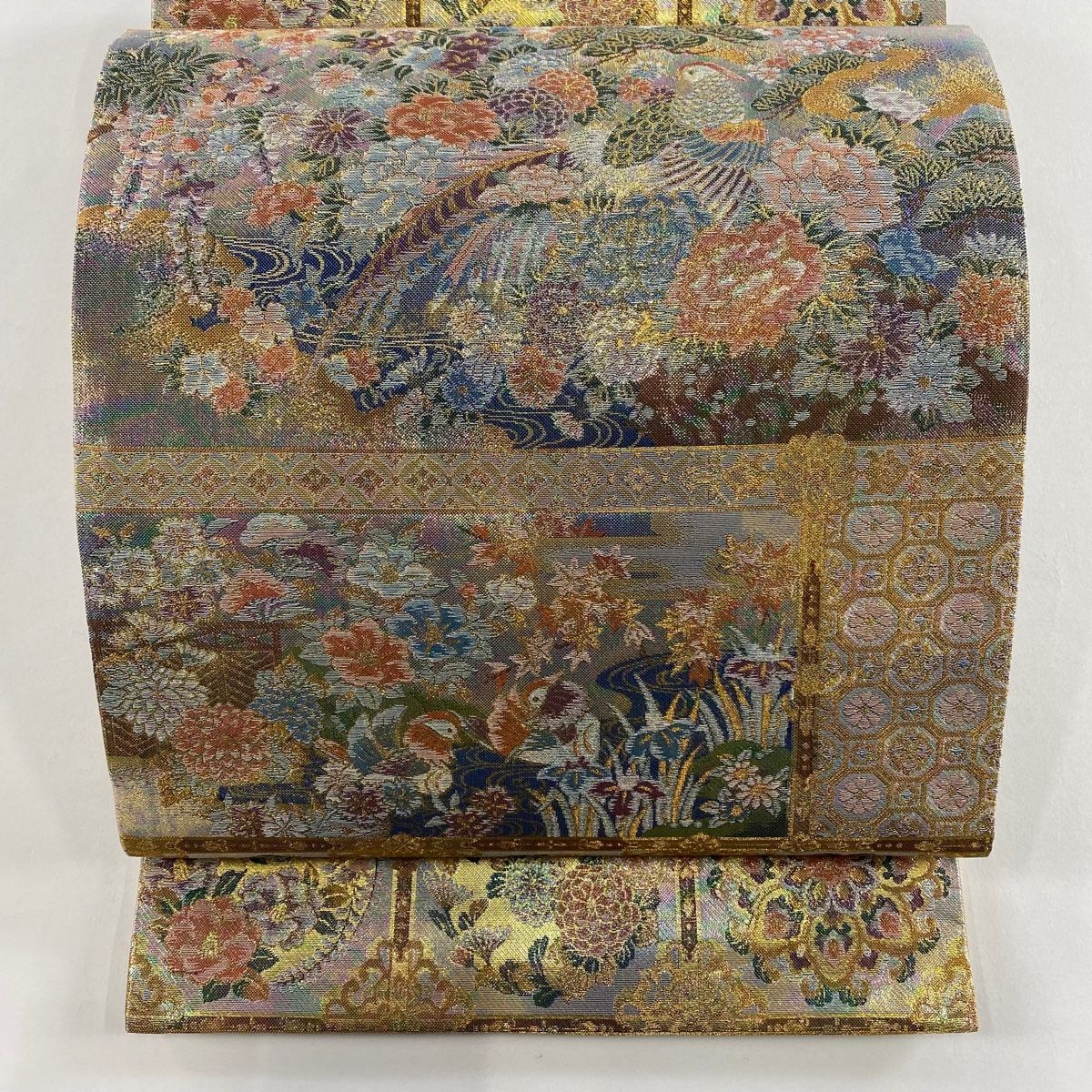 袋帯 秀品 雉 草花 金銀糸 箔 金色 お太鼓柄 正絹