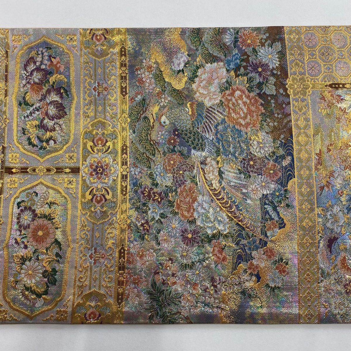  袋帯 秀品 雉 草花 金銀糸 箔 金色 お太鼓柄 正絹 袋帯 帯