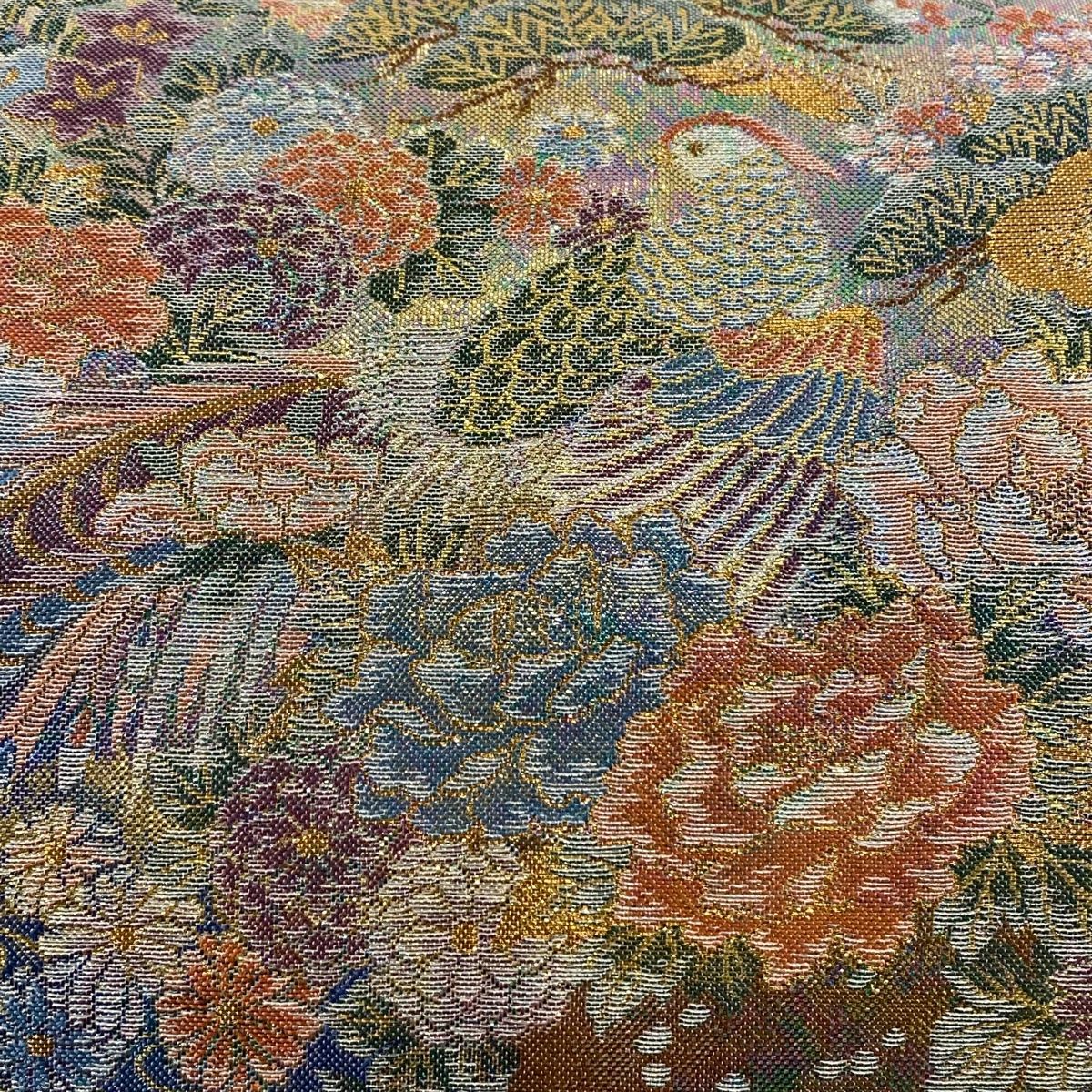 袋帯 秀品 雉 草花 金銀糸 箔 金色 お太鼓柄 正絹