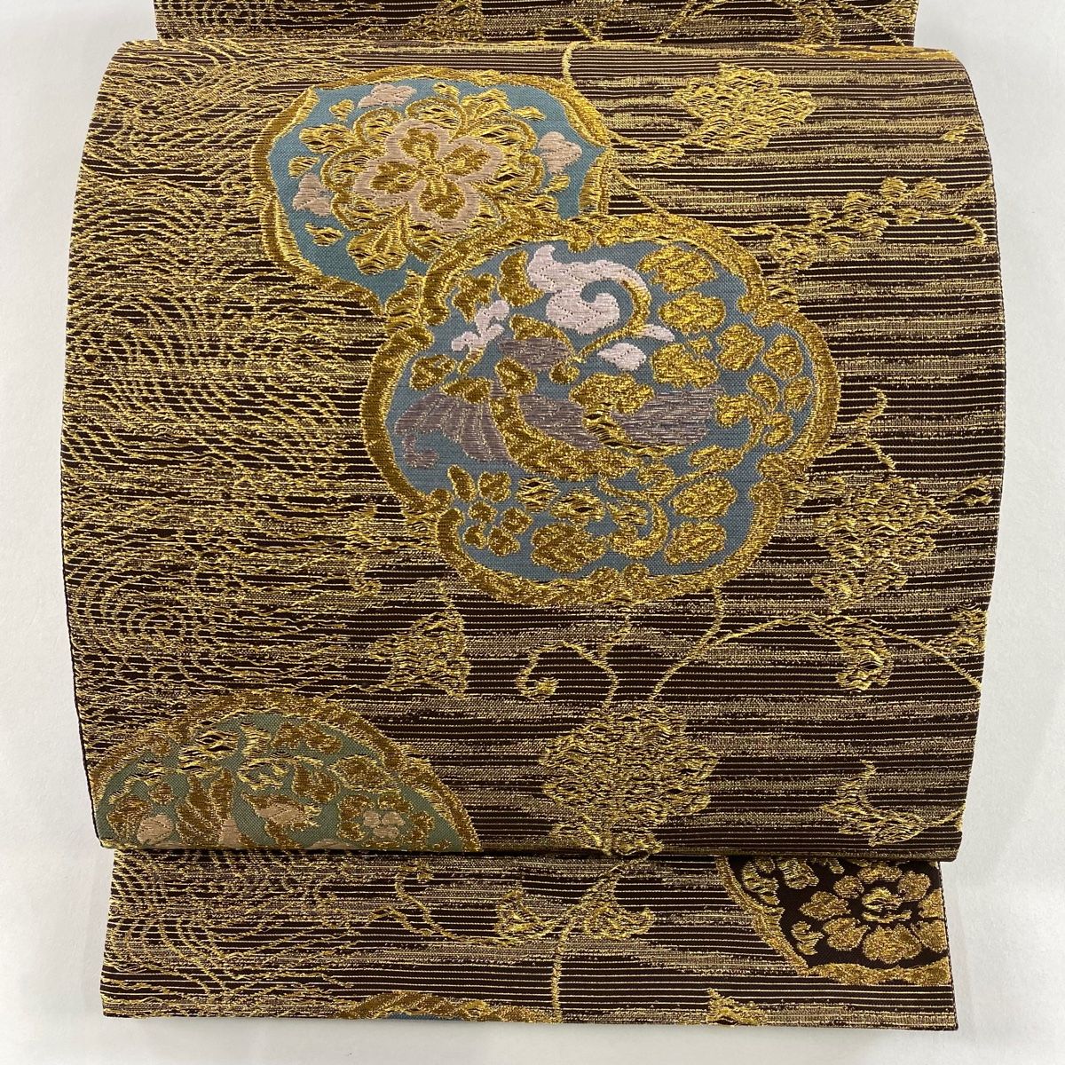 袋帯 秀品 花喰い鳥 花唐草 金糸 焦茶色 六通 正絹