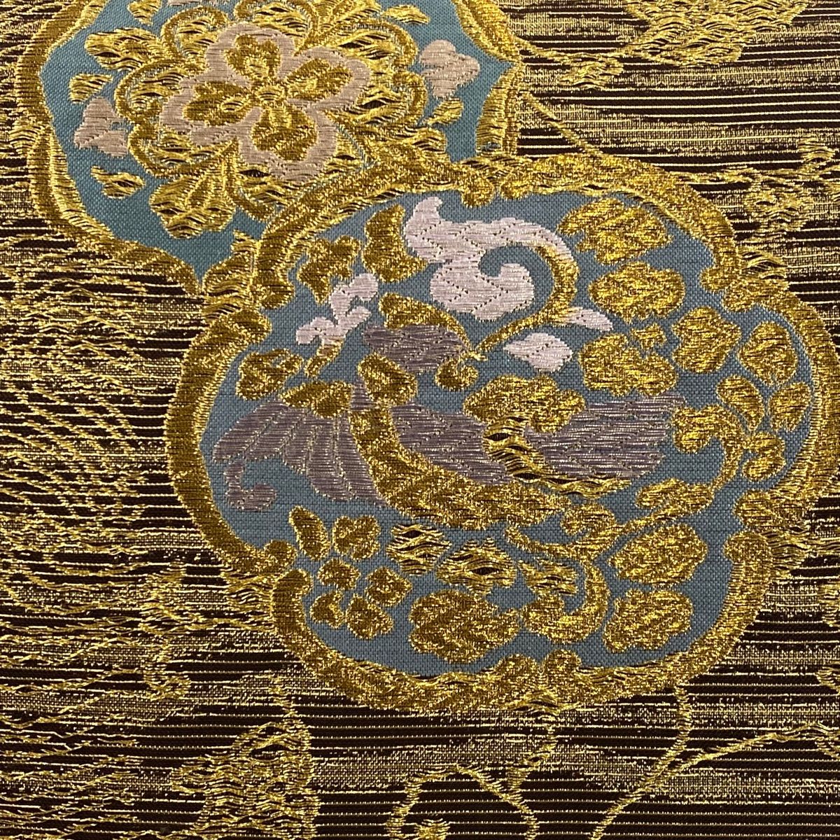 袋帯 秀品 花喰い鳥 花唐草 金糸 焦茶色 六通 正絹