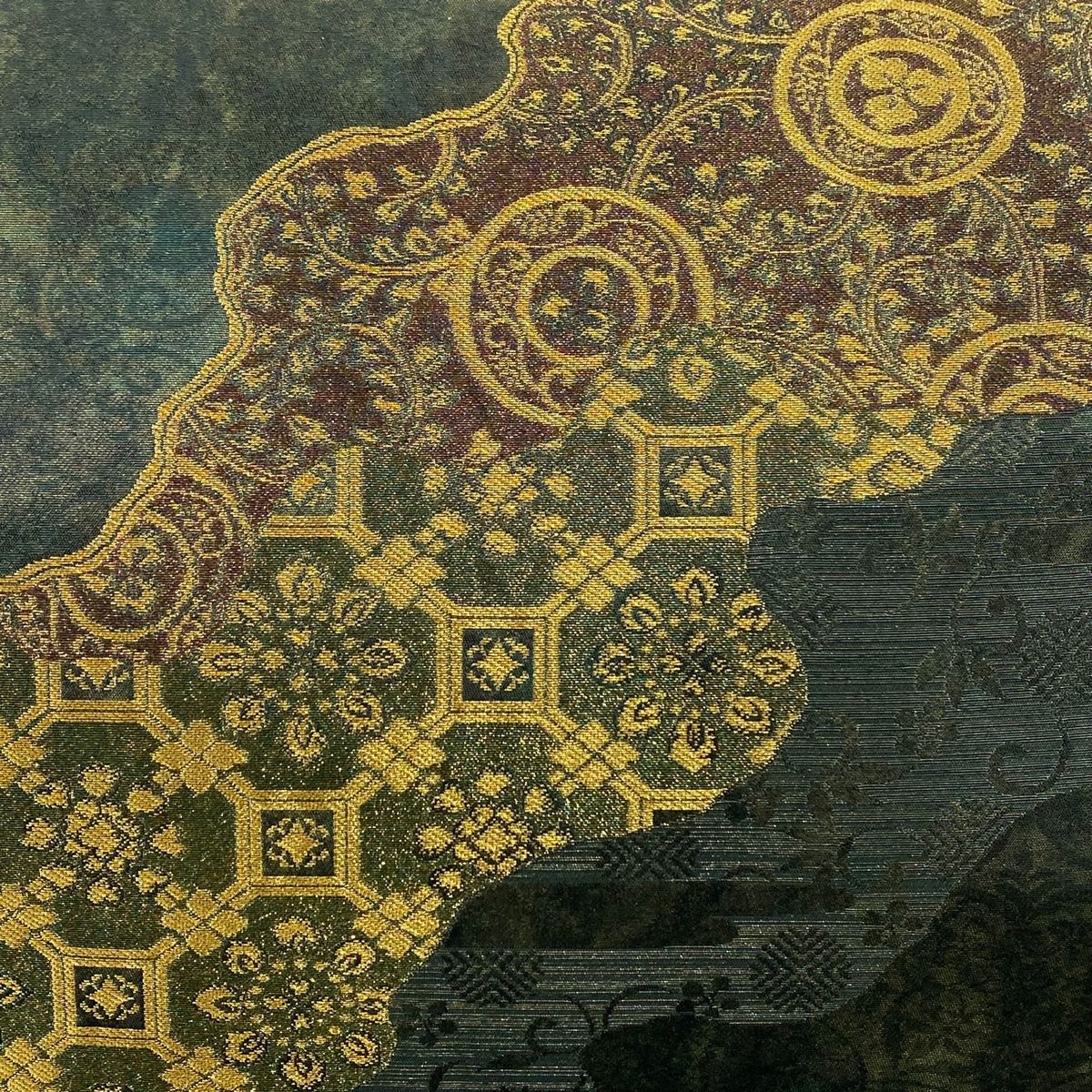 袋帯 秀品 道長取り 花唐草 青銅箔 金糸 深緑 六通 正絹