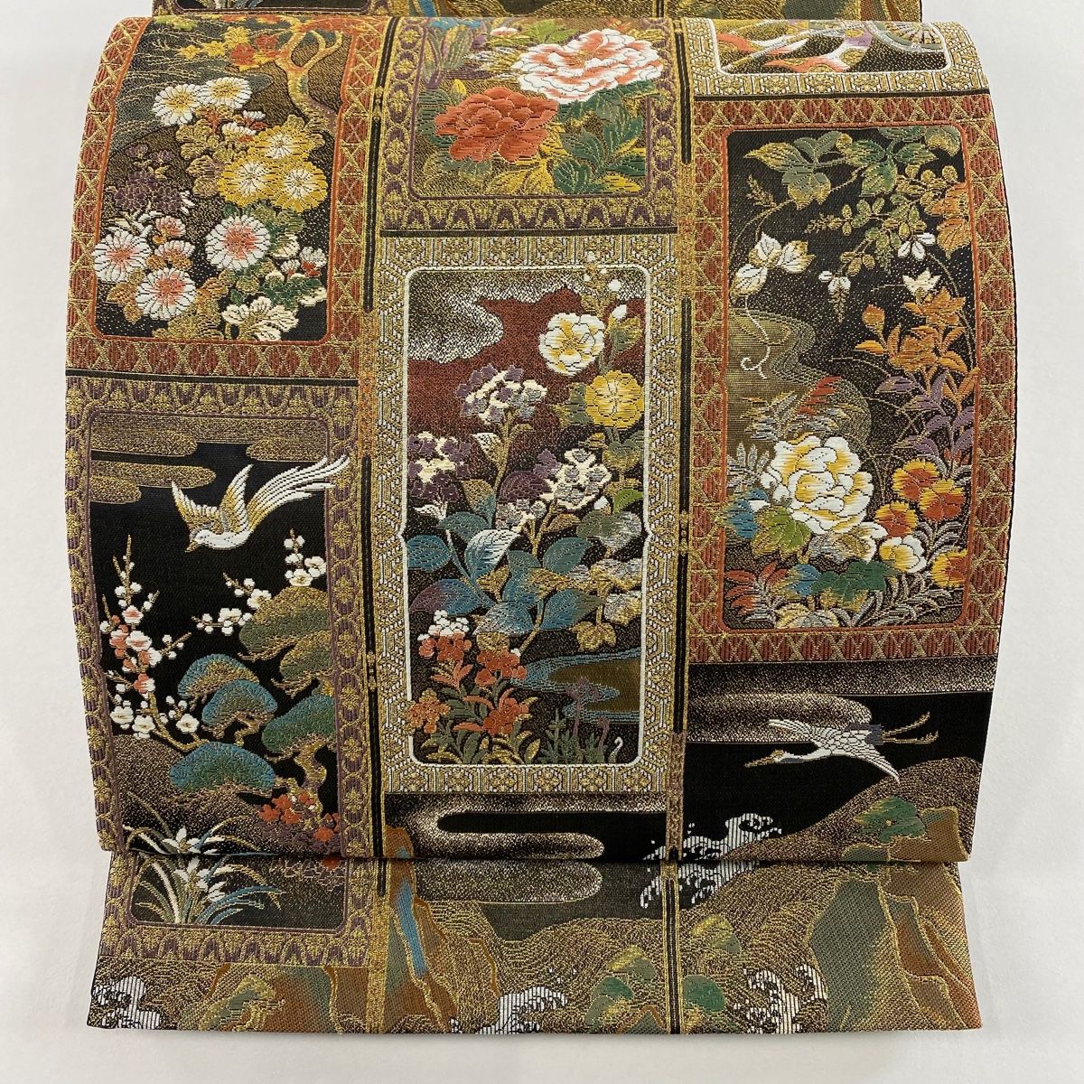 袋帯 秀品 琳派瑞祥錦 花鳥 御所車 金銀糸 本金箔つづれ 金茶 六通 正絹