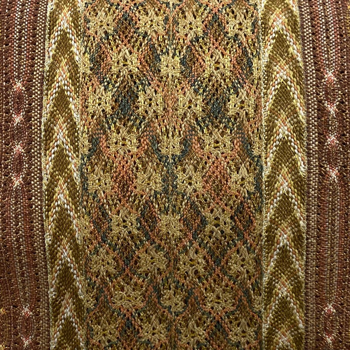 名古屋帯 秀品 八寸名古屋帯 松葉仕立て 幾何学模様 金糸 茶色 正絹