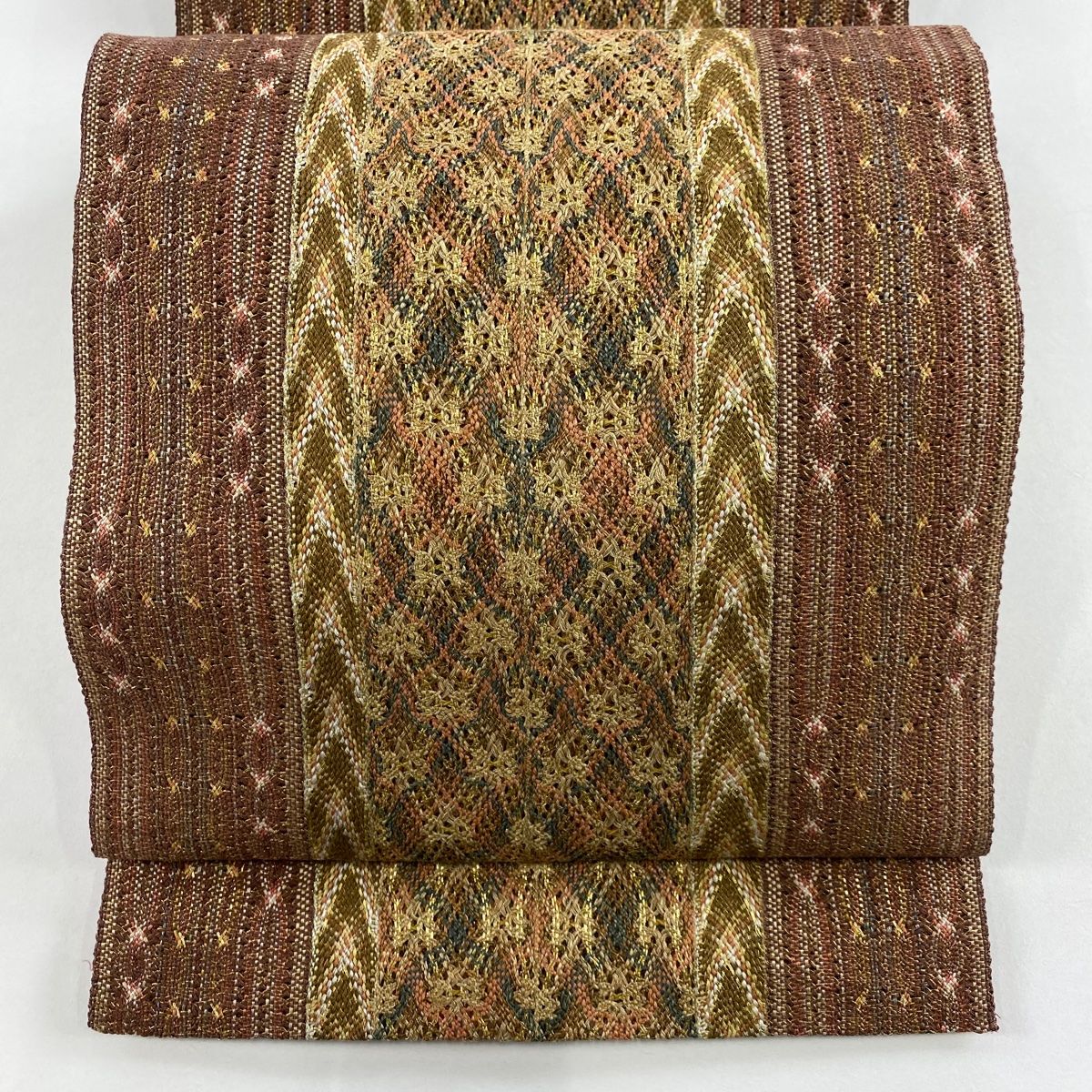 名古屋帯 秀品 八寸名古屋帯 松葉仕立て 幾何学模様 金糸 茶色 正絹