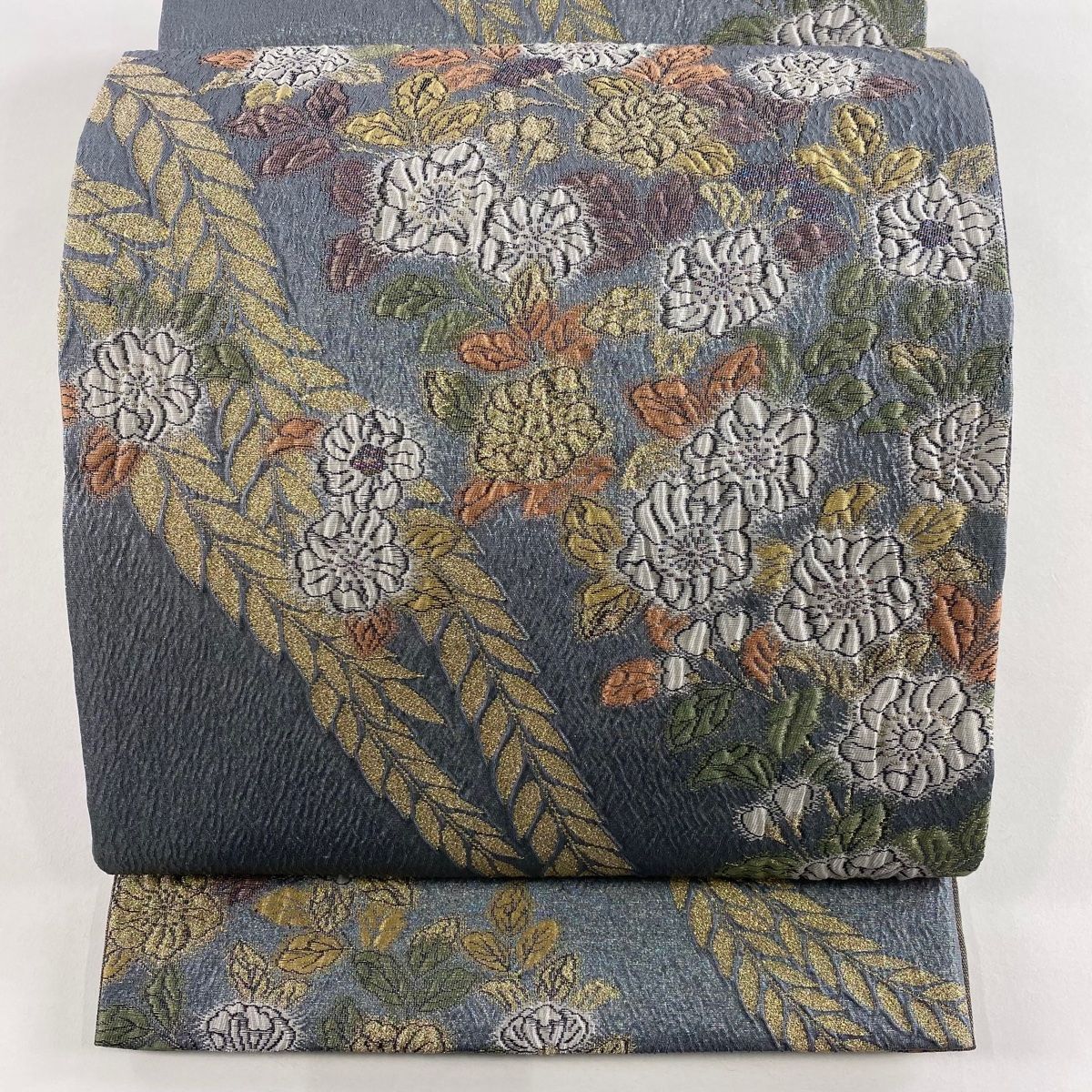 袋帯 秀品 天祥辻が花 金糸 箔 青灰色 六通 正絹