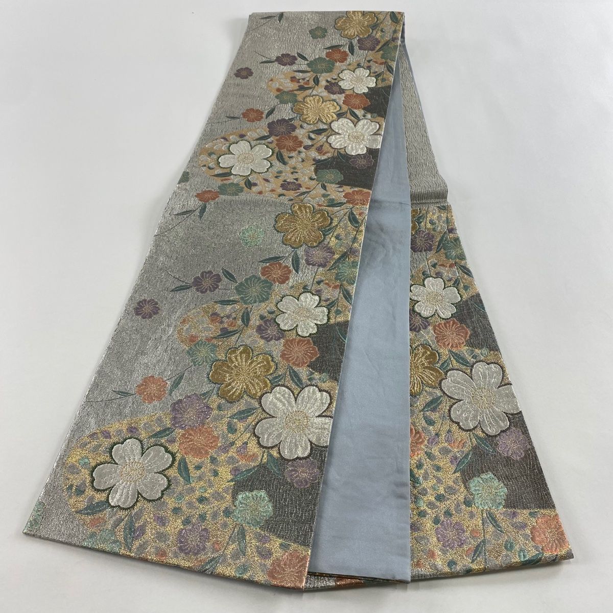  袋帯 秀品 振袖向き 枝垂れ桜 花びら 金銀糸 箔 銀色 六通 正絹 袋帯 帯