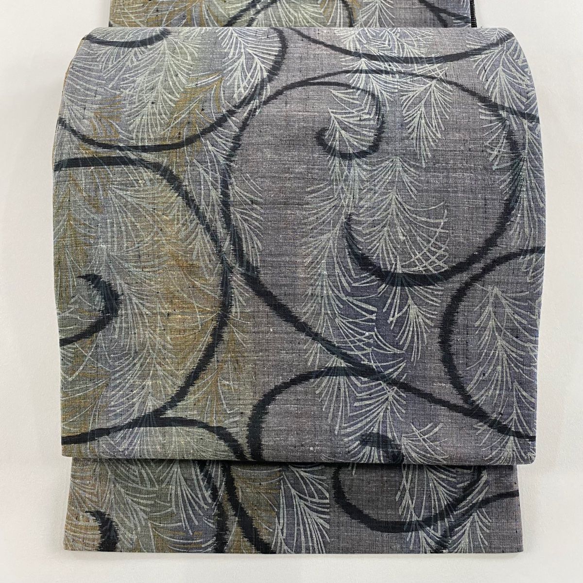 袋帯 秀品 紬地 唐草 葉柄 墨色 全通 正絹