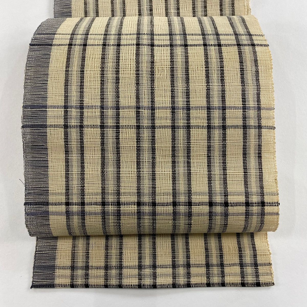 名古屋帯 秀品 八寸名古屋帯 松葉仕立て 夏帯 紗 トンネル仕立て 縞 格子 ベージュ 正絹