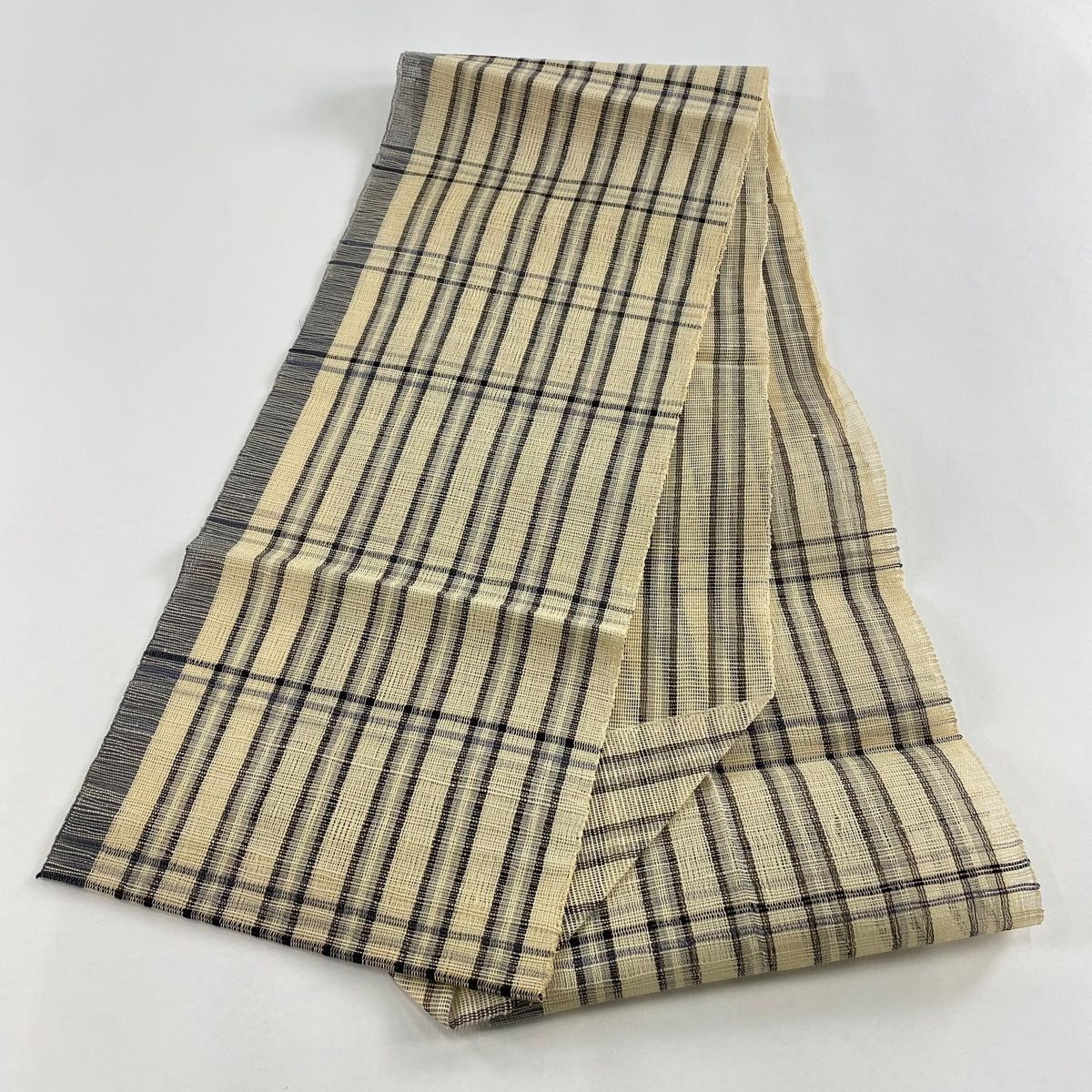  名古屋帯 秀品 八寸名古屋帯 松葉仕立て 夏帯 紗 トンネル仕立て 縞 格子 ベージュ 正絹 名古屋帯 帯