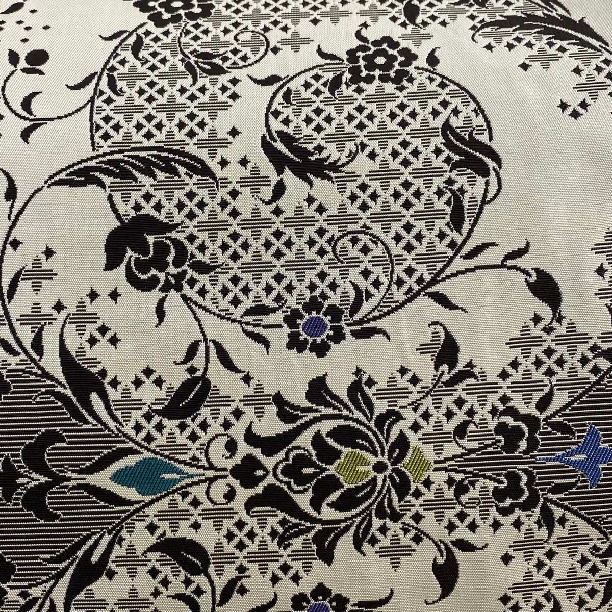 袋帯 秀品 花唐草 幾何学模様 ベージュ 全通 正絹
