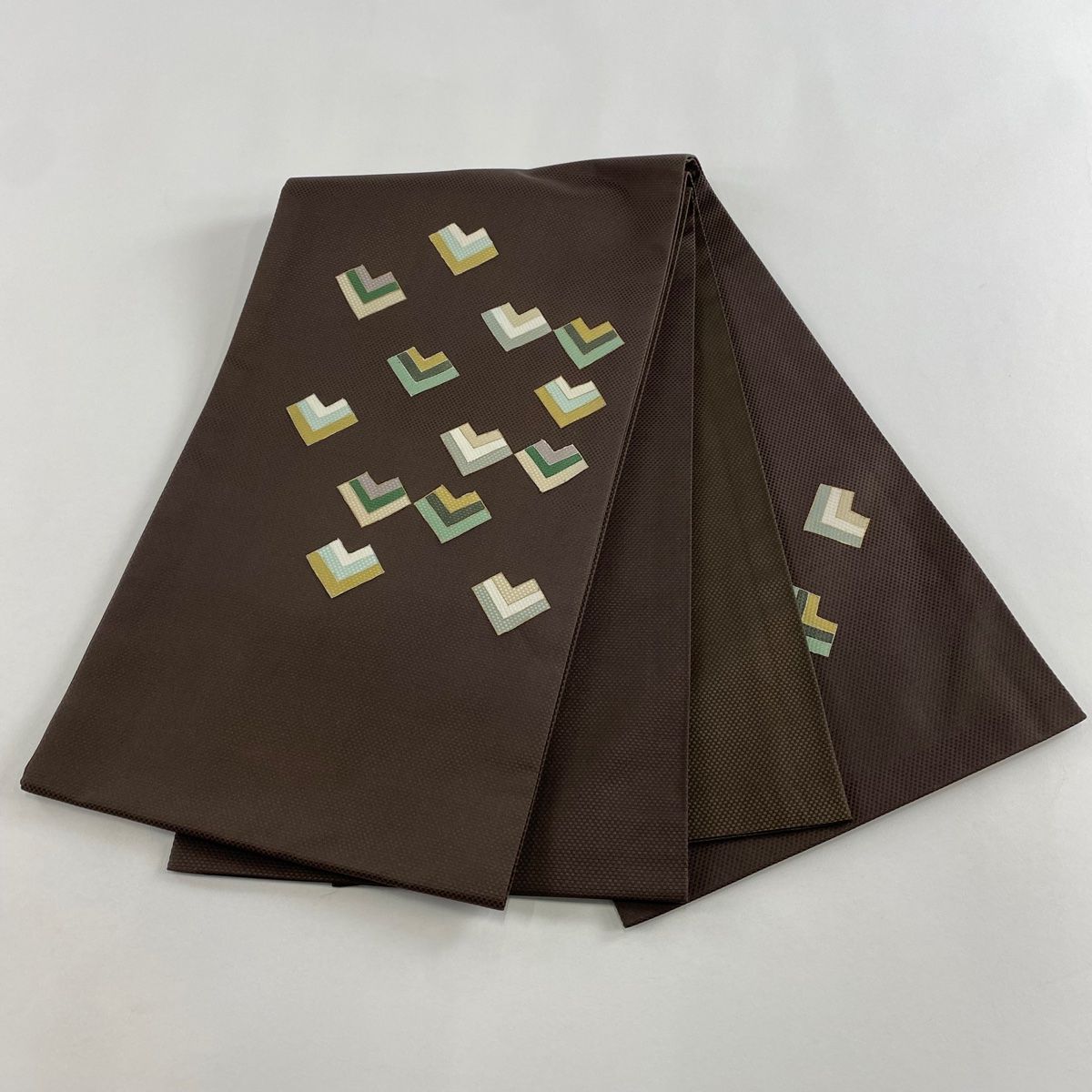  袋帯 秀品 幾何学模様 金彩 焦茶色 お太鼓柄 正絹 袋帯 帯