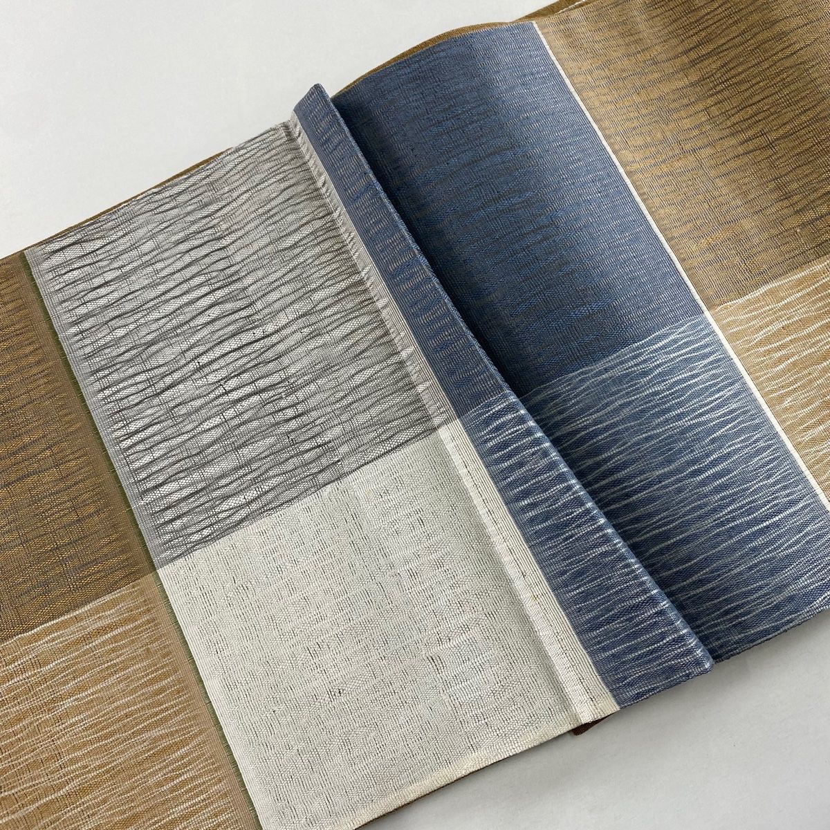  袋帯 秀品 縞 幾何学模様 くし織 組織 青灰色 お太鼓柄 正絹 袋帯 帯