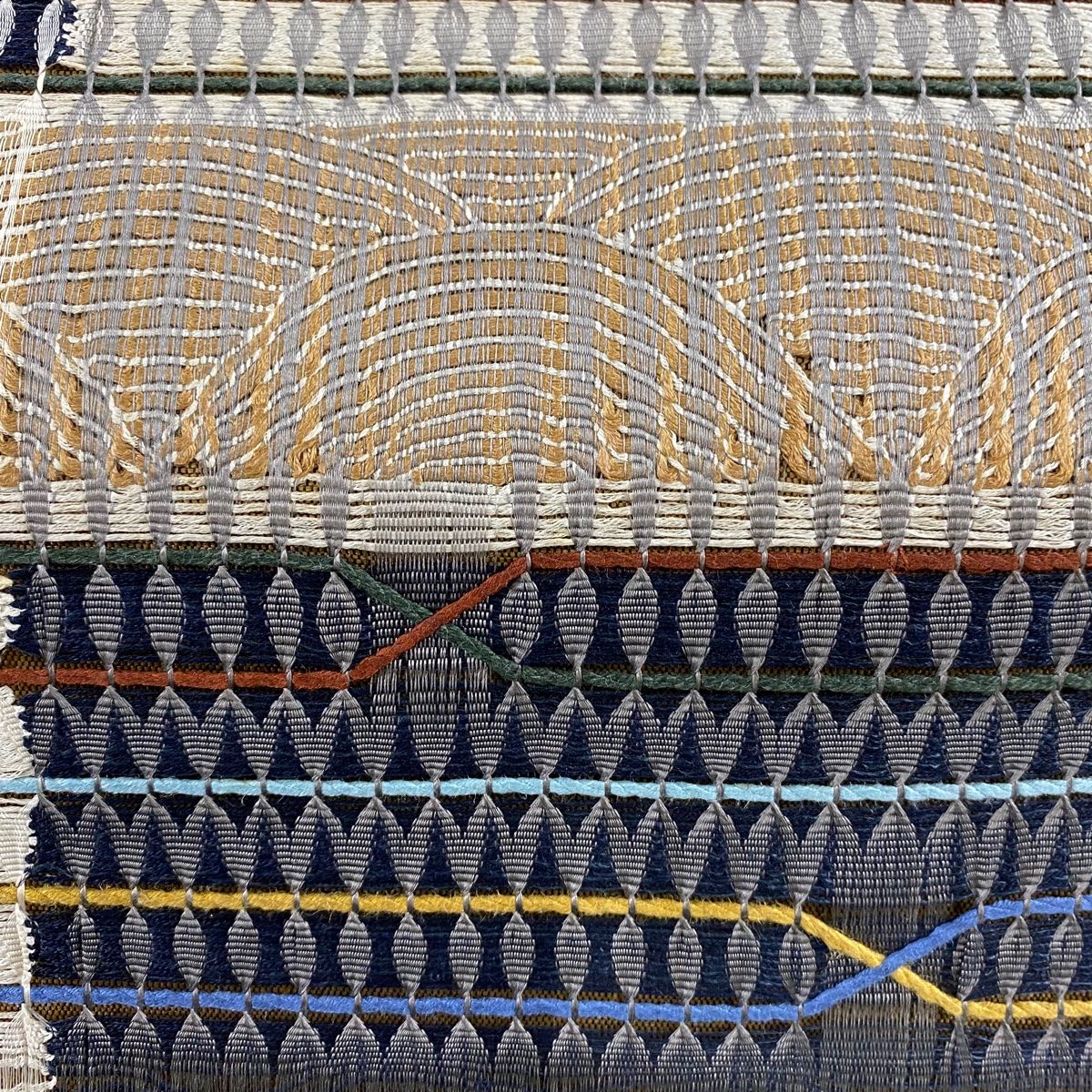 袋帯 秀品 縞 幾何学模様 くし織 組織 青灰色 お太鼓柄 正絹