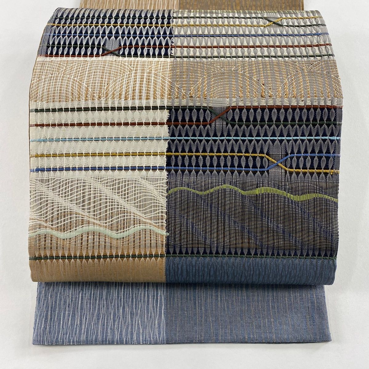 袋帯 秀品 縞 幾何学模様 くし織 組織 青灰色 お太鼓柄 正絹