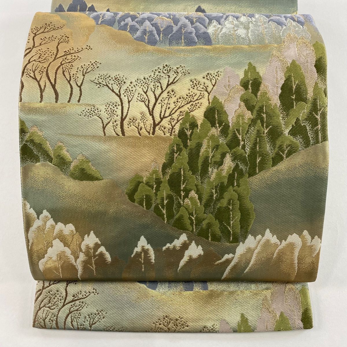 袋帯 秀品 風景 樹木 箔 金銀糸 灰緑 六通 正絹
