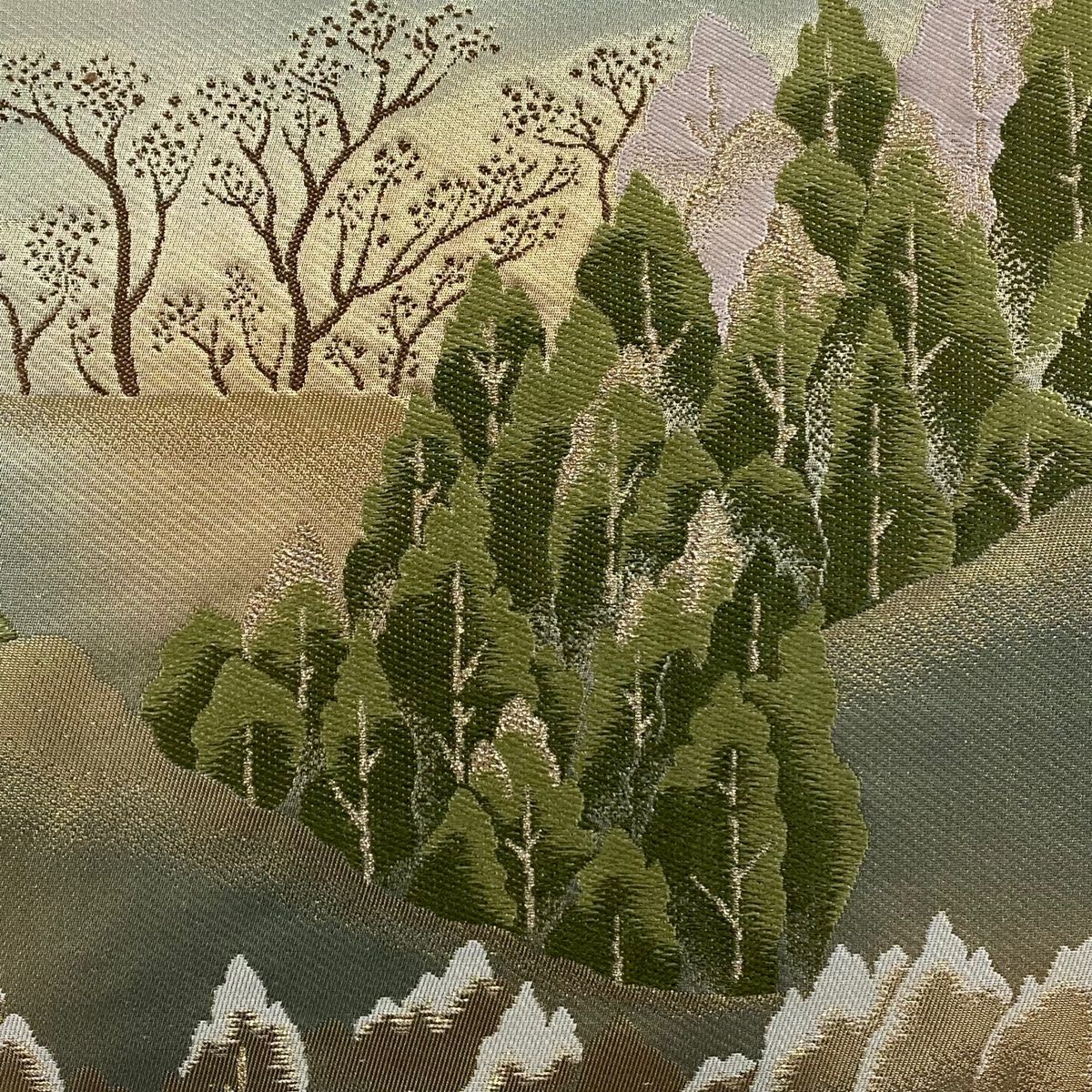 袋帯 秀品 風景 樹木 箔 金銀糸 灰緑 六通 正絹