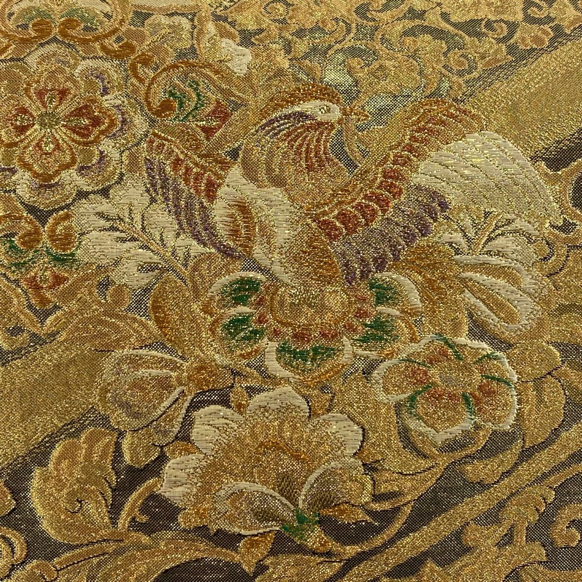 袋帯 秀品 華文 花鳥 箔 金色 六通 正絹