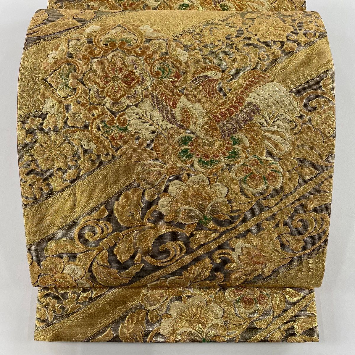 袋帯 秀品 華文 花鳥 箔 金色 六通 正絹