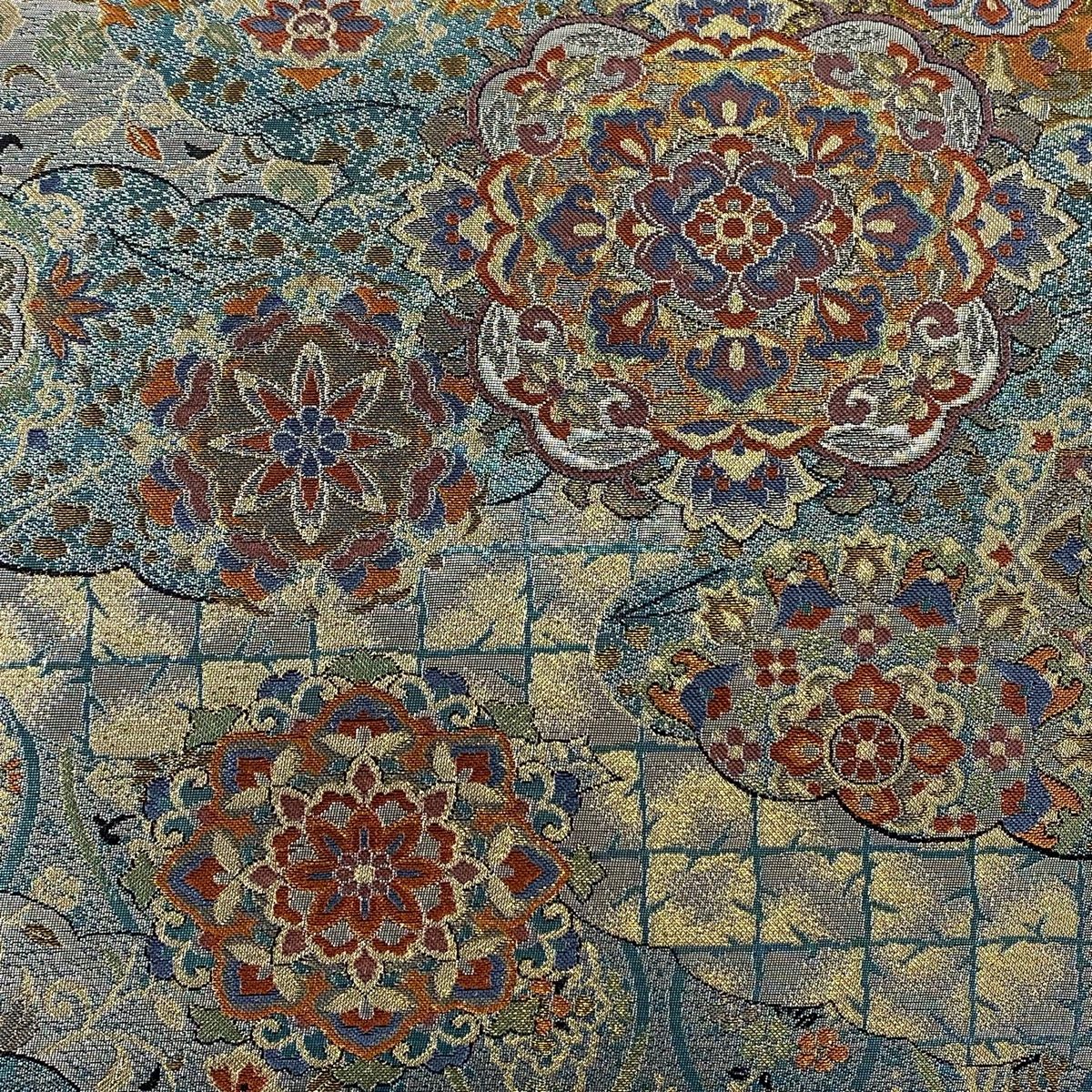 袋帯 秀品 華文 立涌 箔 青緑 六通 正絹