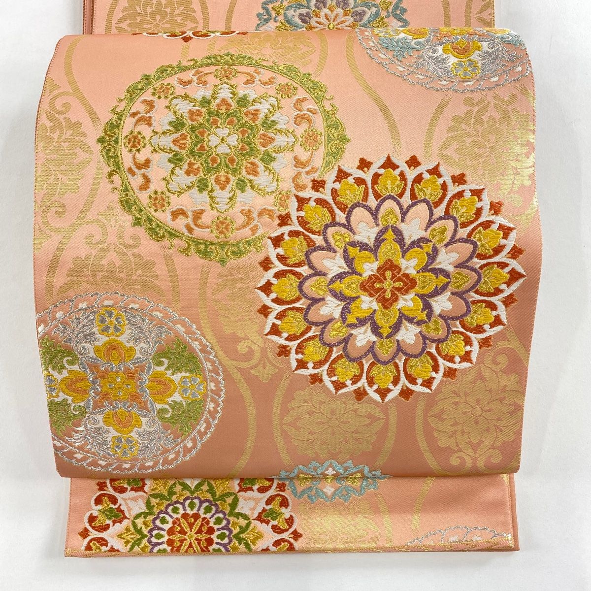 袋帯 秀品 華文 花唐草 唐織 金糸 サーモンピンク 六通 正絹