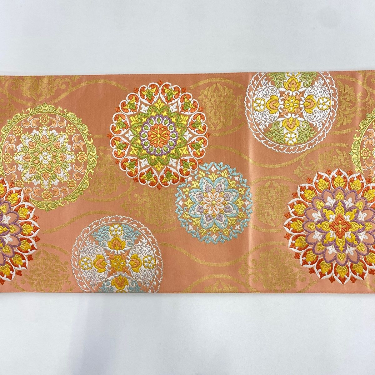 袋帯 秀品 華文 花唐草 唐織 金糸 サーモンピンク 六通 正絹 袋帯 帯