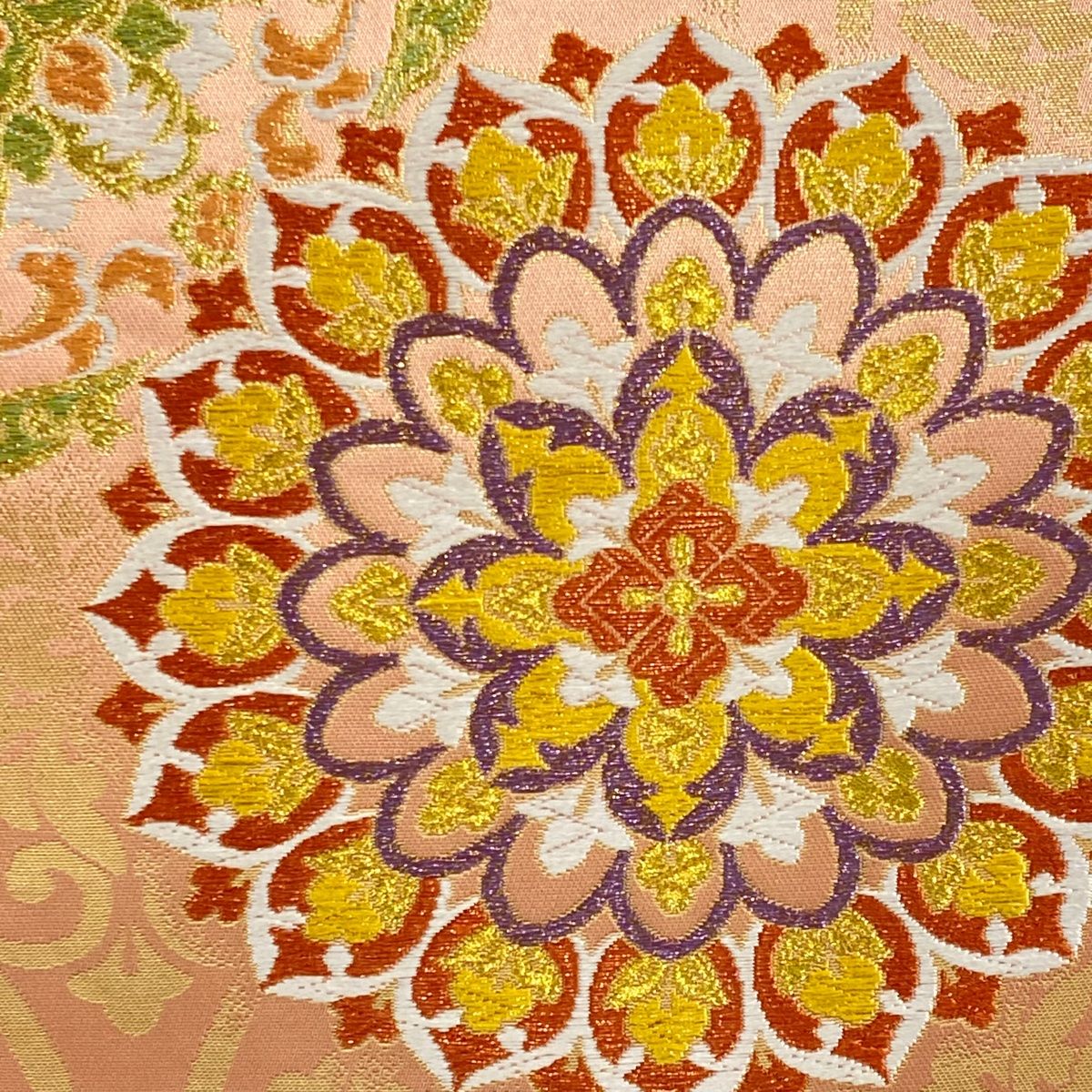 袋帯 秀品 華文 花唐草 唐織 金糸 サーモンピンク 六通 正絹