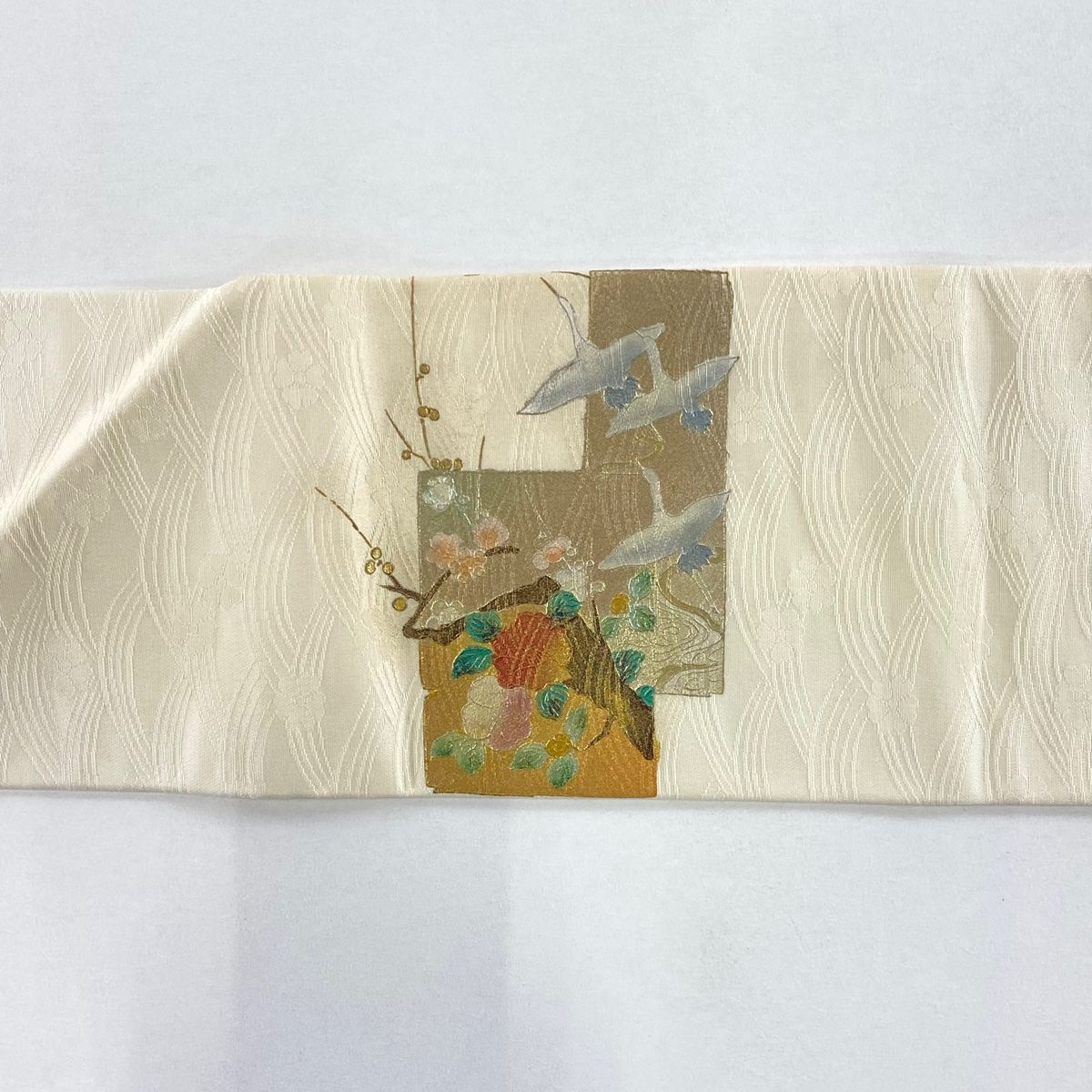  名古屋帯 秀品 色紙 草花 金彩 螺鈿 クリーム 正絹 名古屋帯 帯