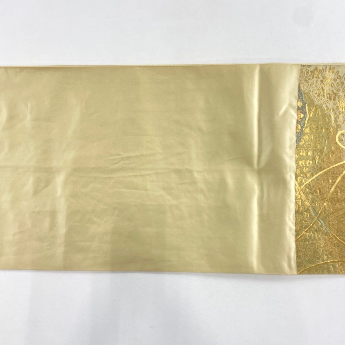  袋帯 秀品 服部織物 落款 鏡裏文 七宝 金糸 箔 金色 六通 正絹 袋帯 帯